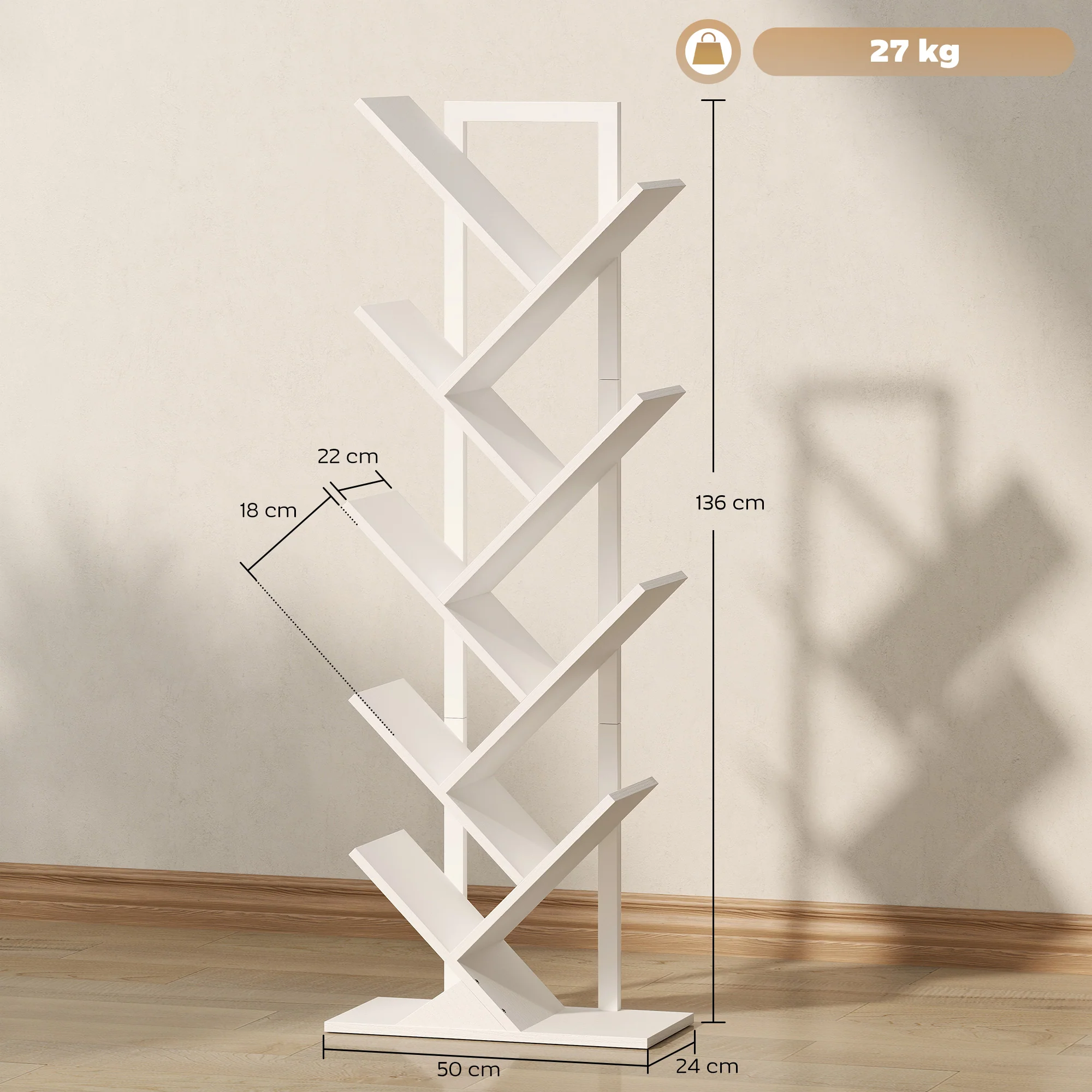 HOMCOM 9-Tier Tree Bookshelf with Steel Frame for Living Room, White - Image 3