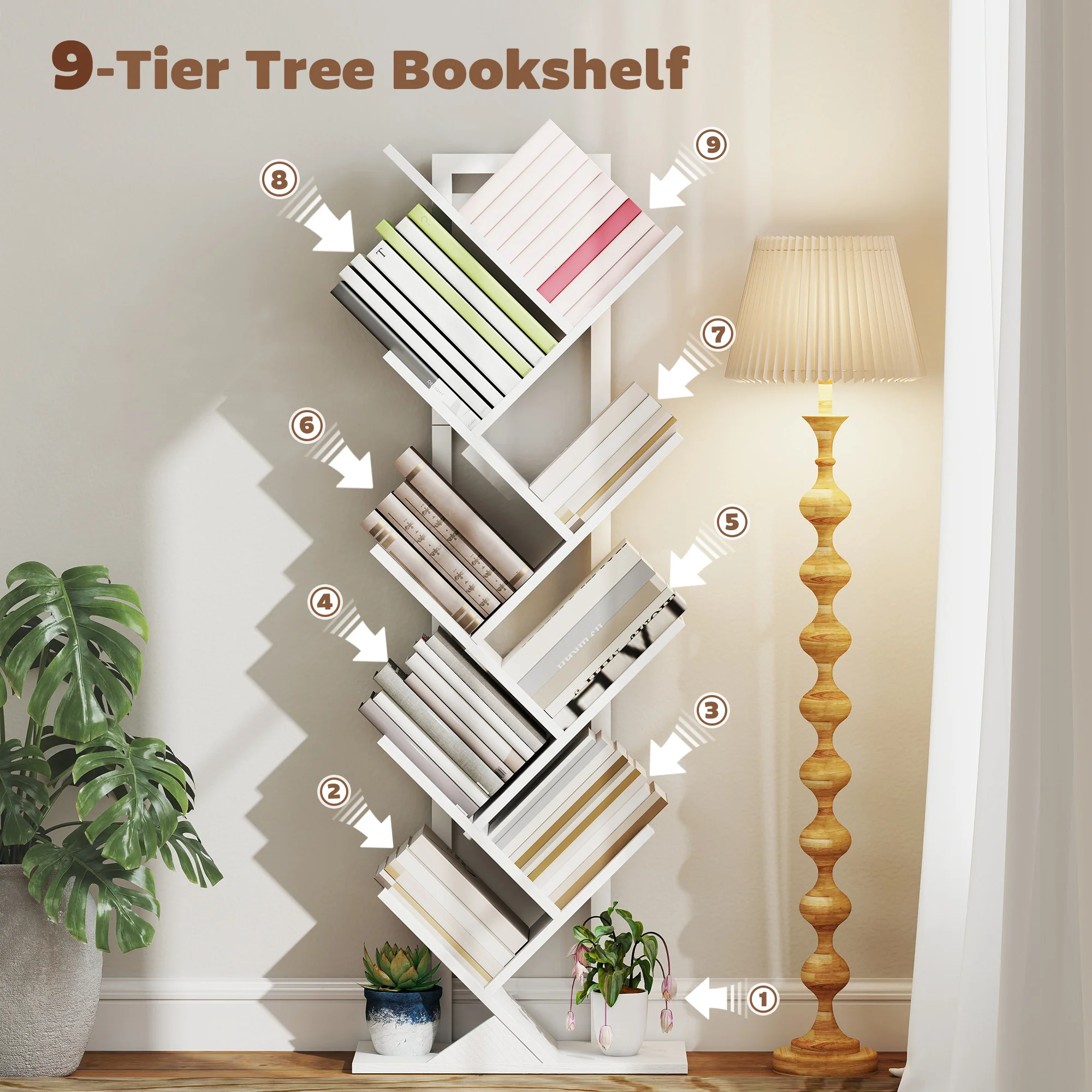 HOMCOM 9-Tier Tree Bookshelf with Steel Frame for Living Room, White - Image 4