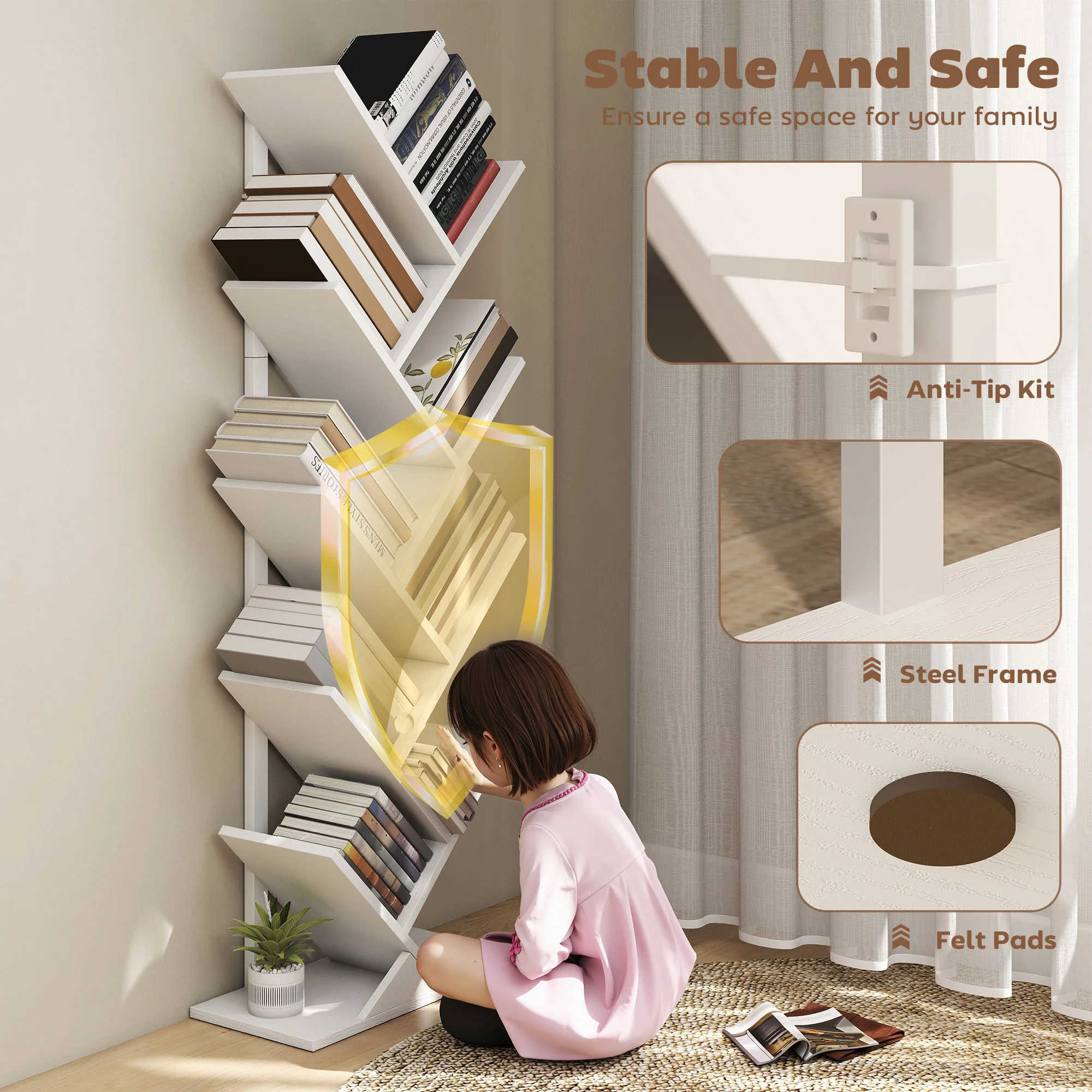 HOMCOM 9-Tier Tree Bookshelf with Steel Frame for Living Room, White - Image 5