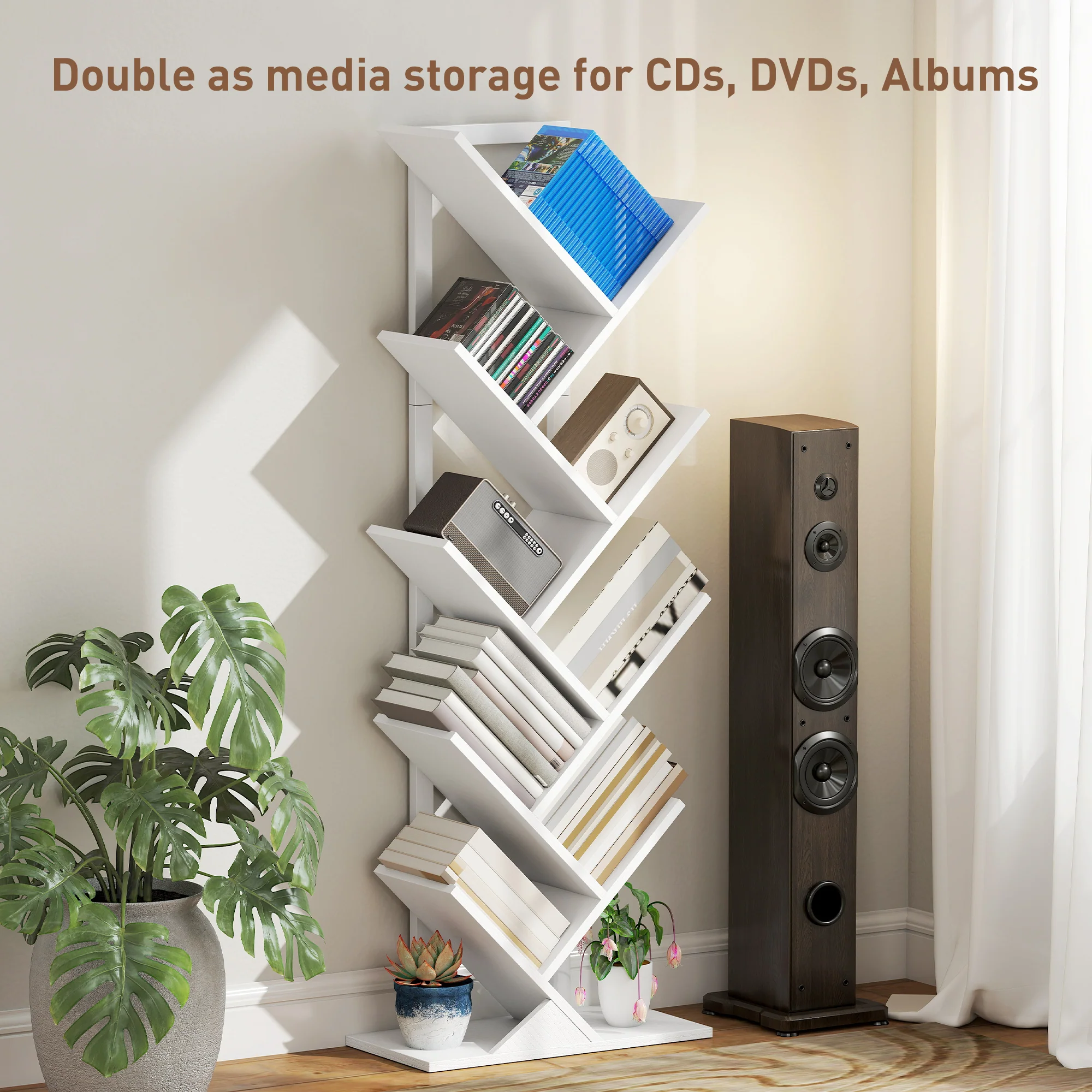 HOMCOM 9-Tier Tree Bookshelf with Steel Frame for Living Room, White - Image 6
