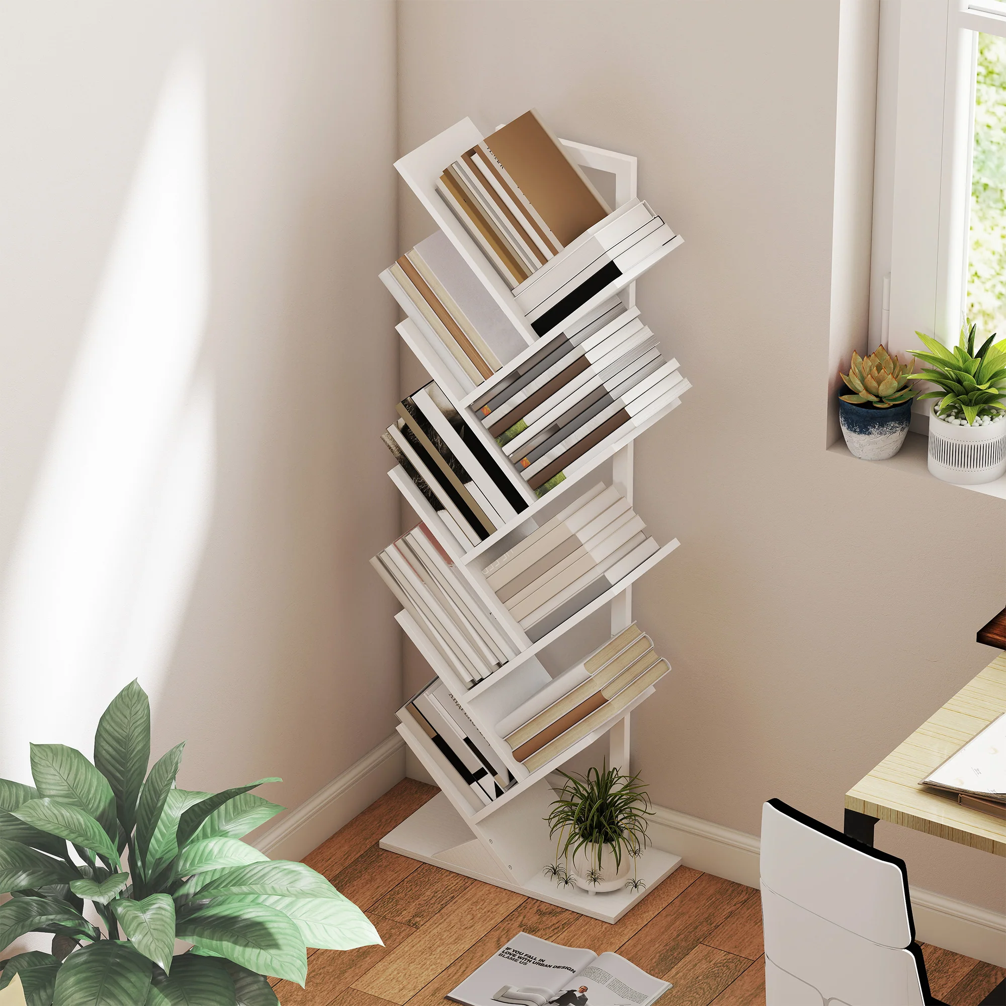 HOMCOM 9-Tier Tree Bookshelf with Steel Frame for Living Room, White - Image 7