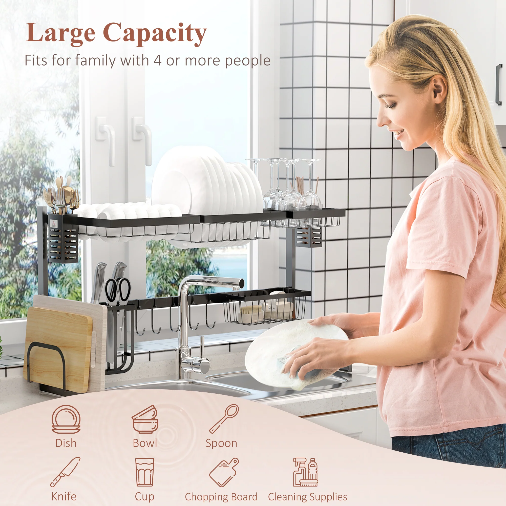 HOMCOM 93cm Over The Sink Dish Drainer Rack, 2 Tier Dish Rack For Kitchen, Black - Image 3
