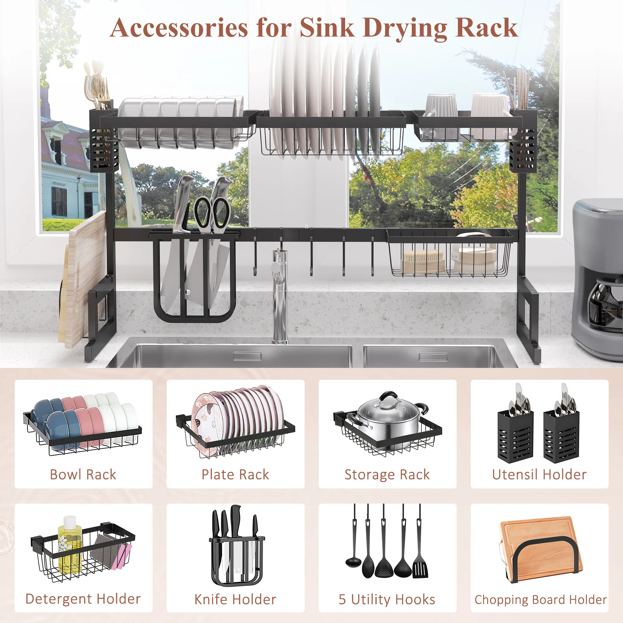 HOMCOM 93cm Over The Sink Dish Drainer Rack, 2 Tier Dish Rack For Kitchen, Black - Image 4