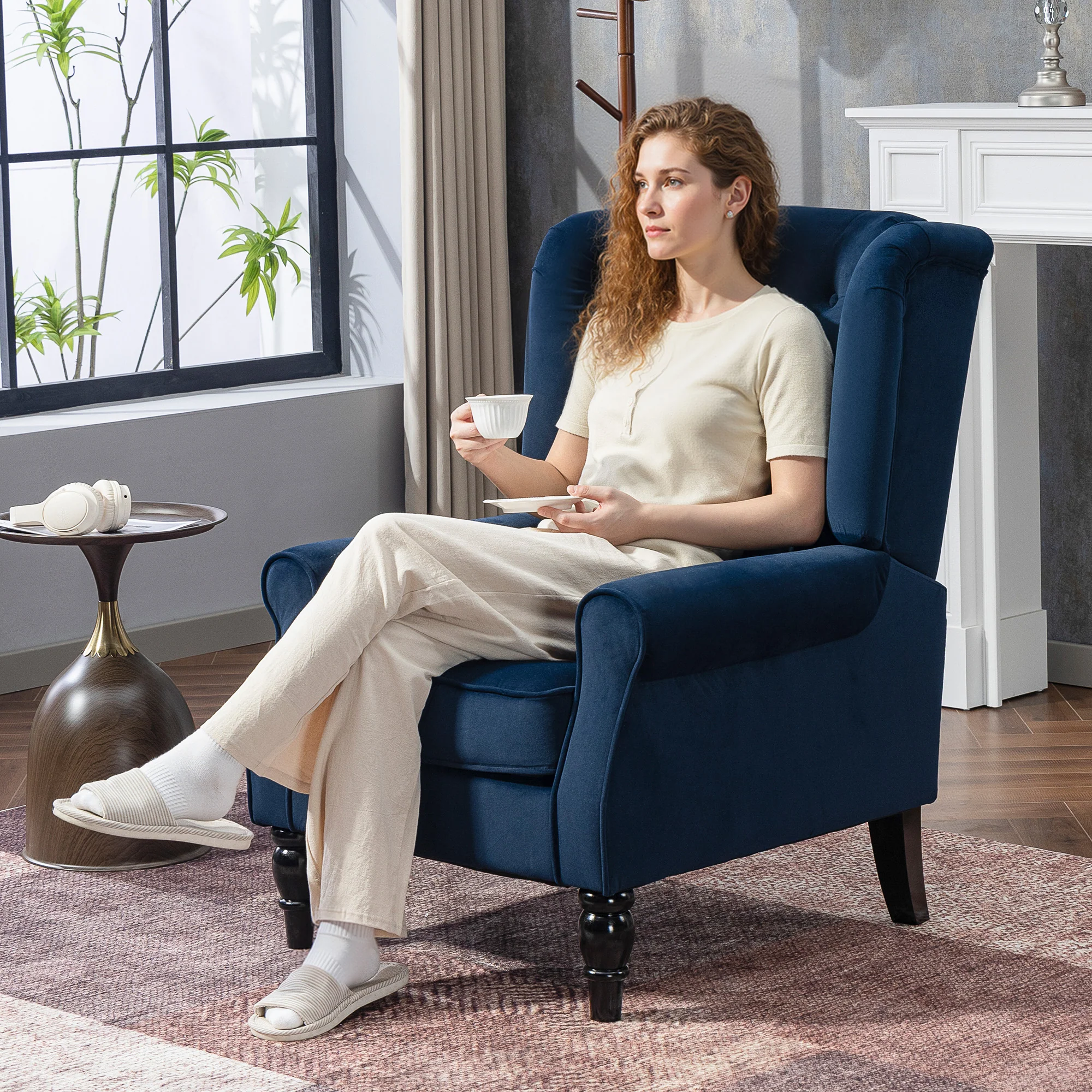 HOMCOM Accent Armchair Home Furniture Retro Tufted Club Fabric Dark Blue - Image 2