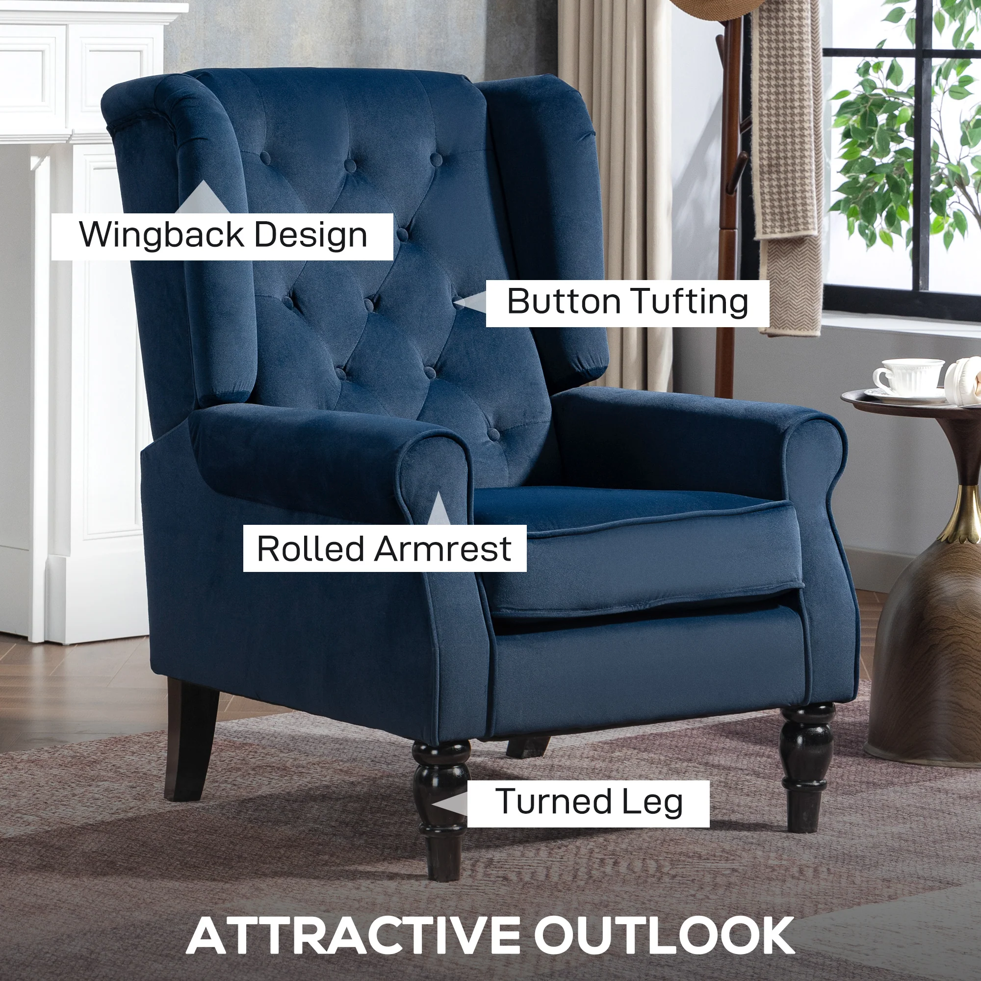 HOMCOM Accent Armchair Home Furniture Retro Tufted Club Fabric Dark Blue - Image 3