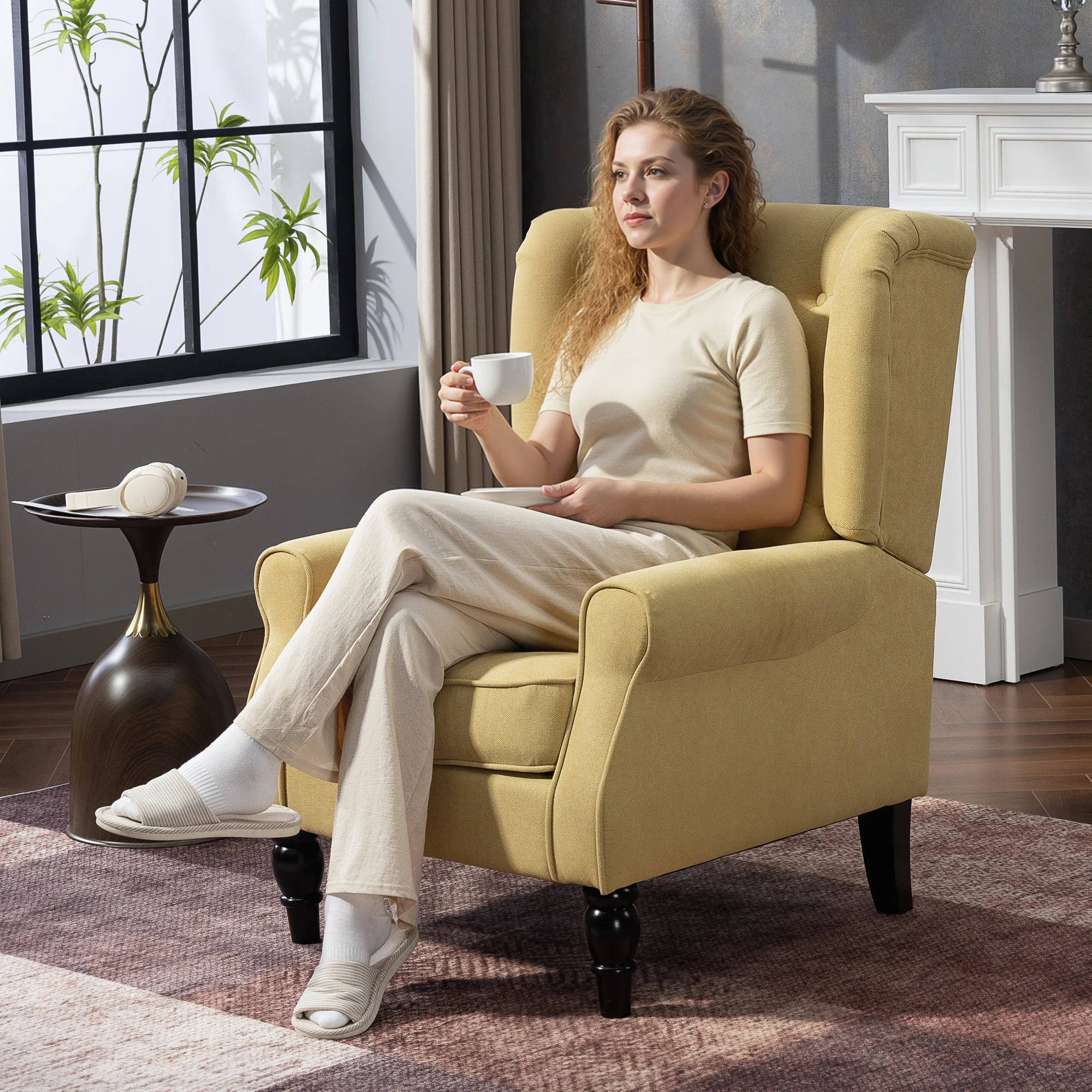 HOMCOM Accent Armchair Home Furniture Retro Tufted Club Wood Fabric, Yellow - Image 2