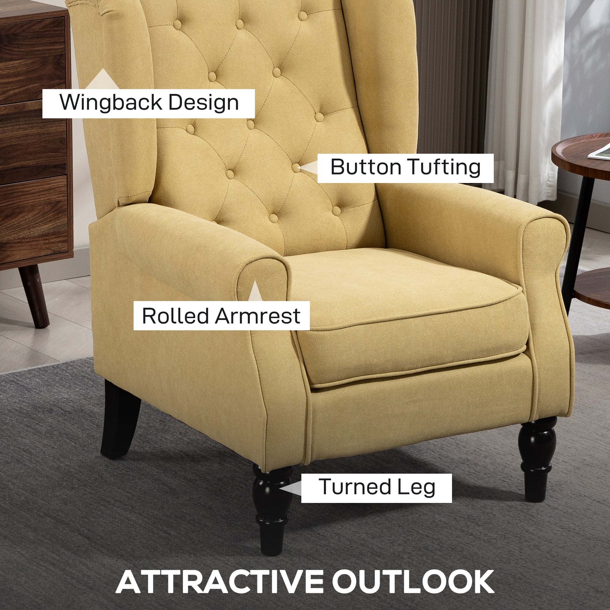 HOMCOM Accent Armchair Home Furniture Retro Tufted Club Wood Fabric, Yellow - Image 3