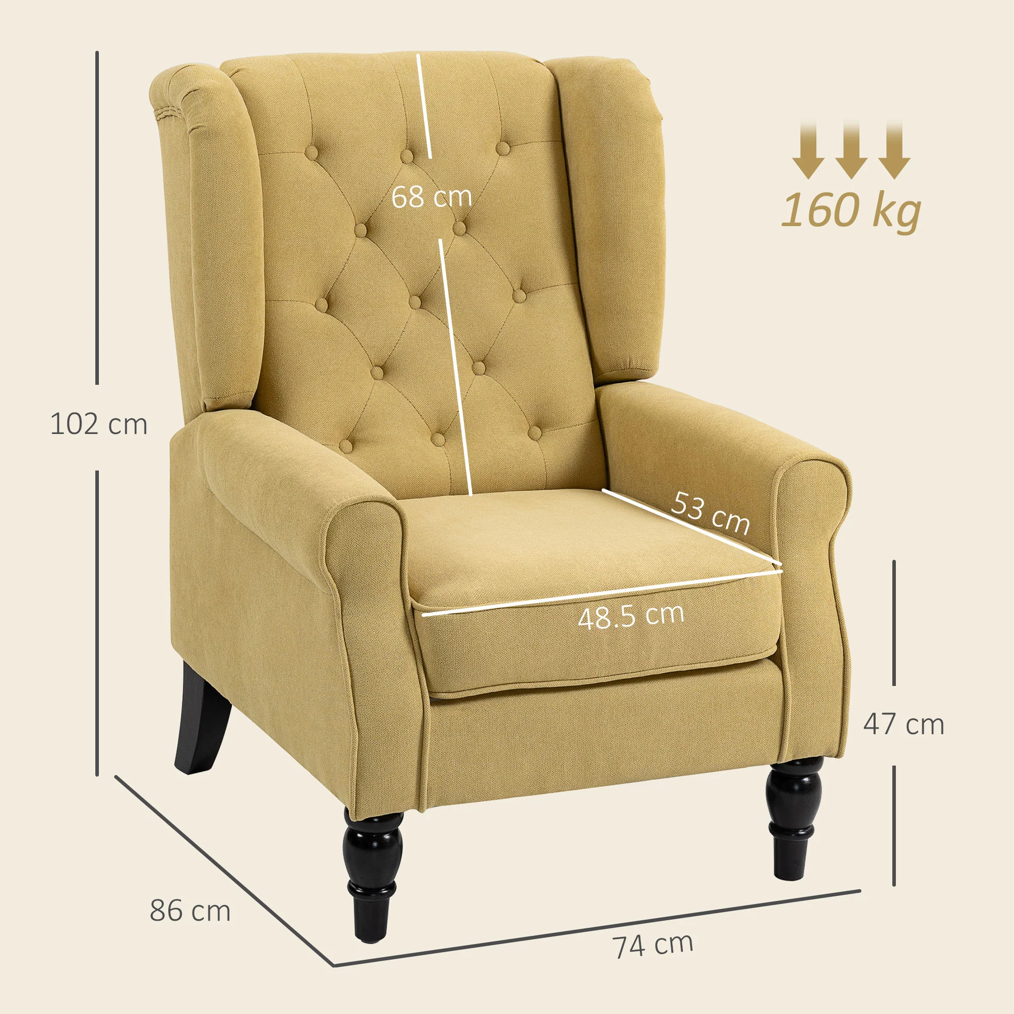 HOMCOM Accent Armchair Home Furniture Retro Tufted Club Wood Fabric, Yellow - Image 5