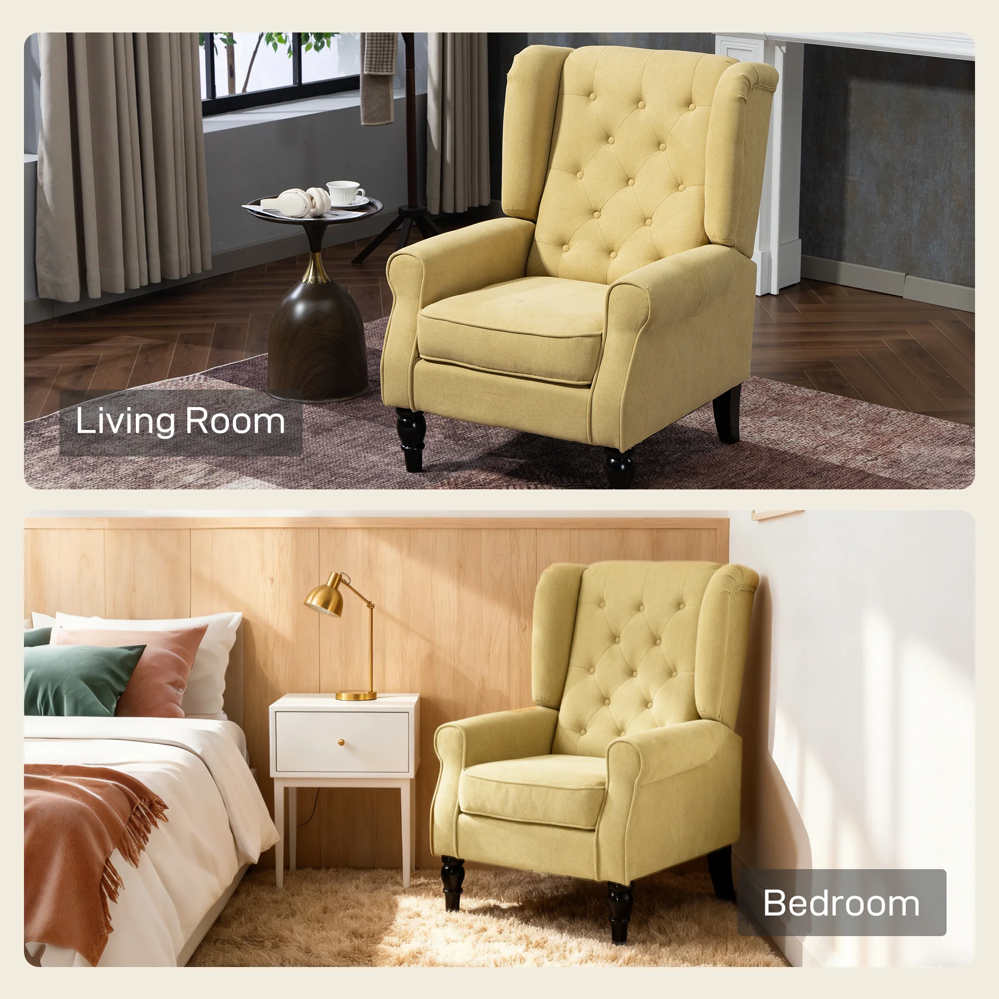 HOMCOM Accent Armchair Home Furniture Retro Tufted Club Wood Fabric, Yellow - Image 8