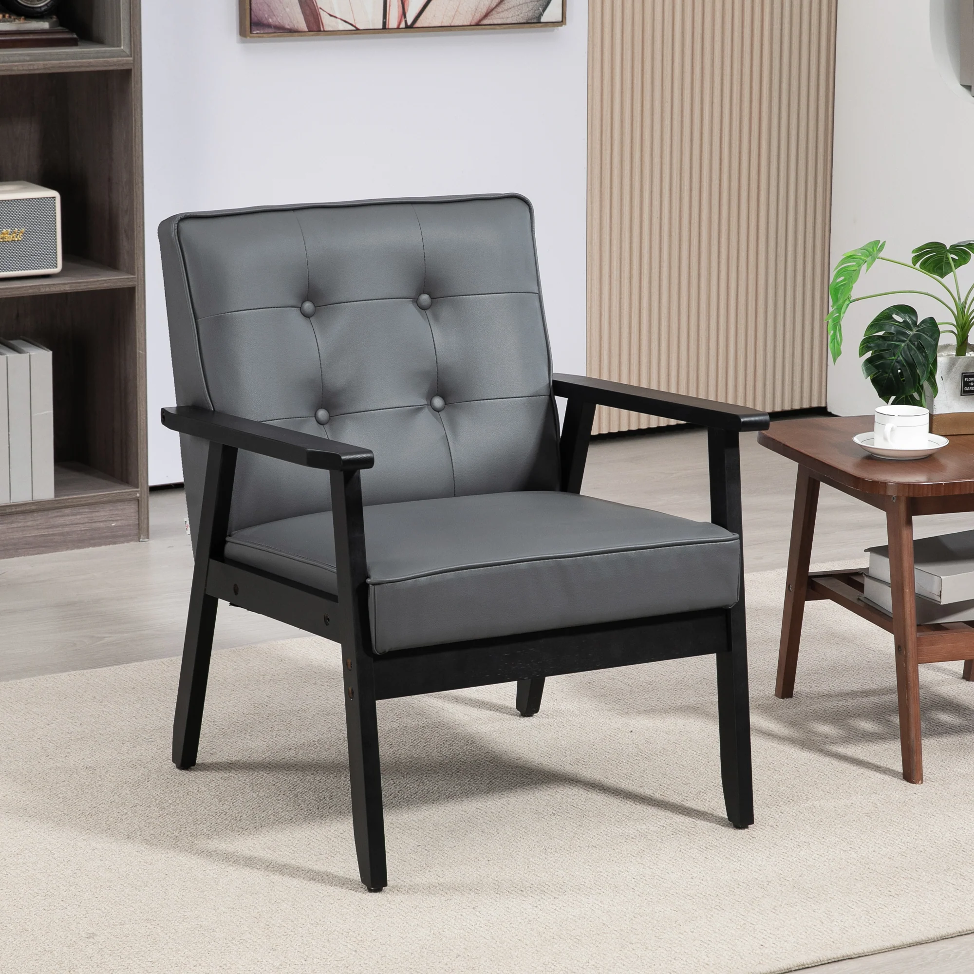 HOMCOM Accent Chair PU Leather Armchair With Armrests For Living Room Grey - Image 2