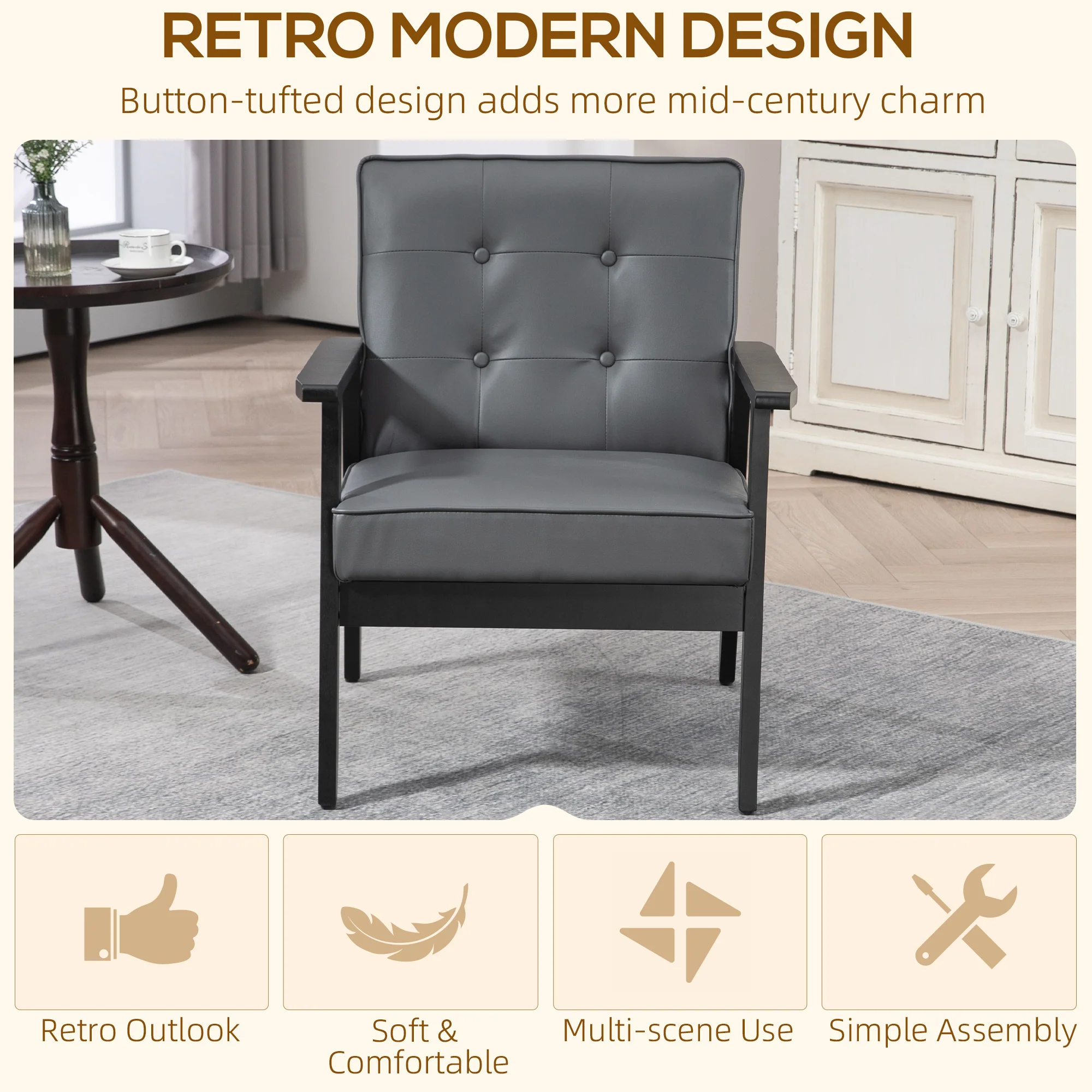 HOMCOM Accent Chair PU Leather Armchair With Armrests For Living Room Grey - Image 3