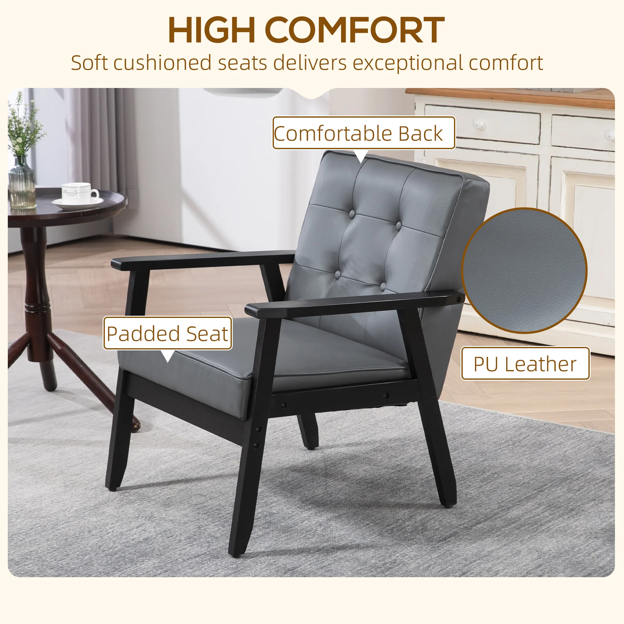 HOMCOM Accent Chair PU Leather Armchair With Armrests For Living Room Grey - Image 4