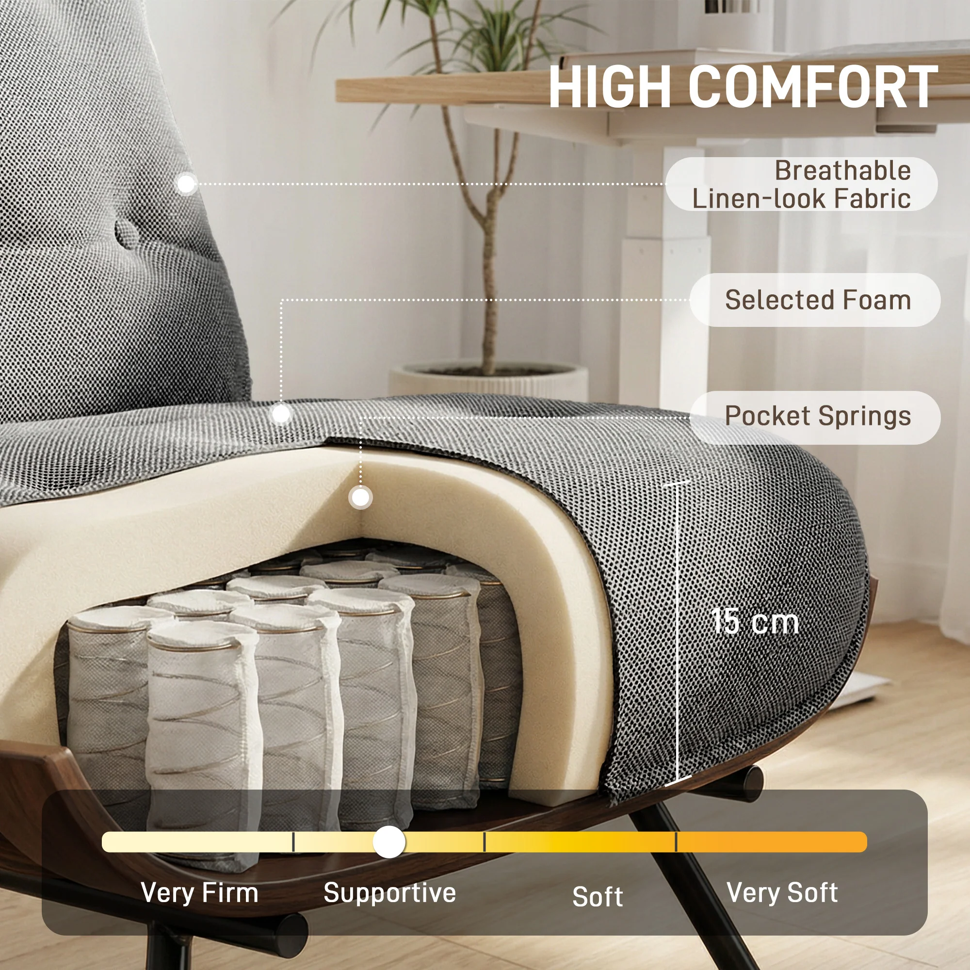 HOMCOM Accent Chair, Reading Chair With Spring Cushion, Dark Grey - Image 3