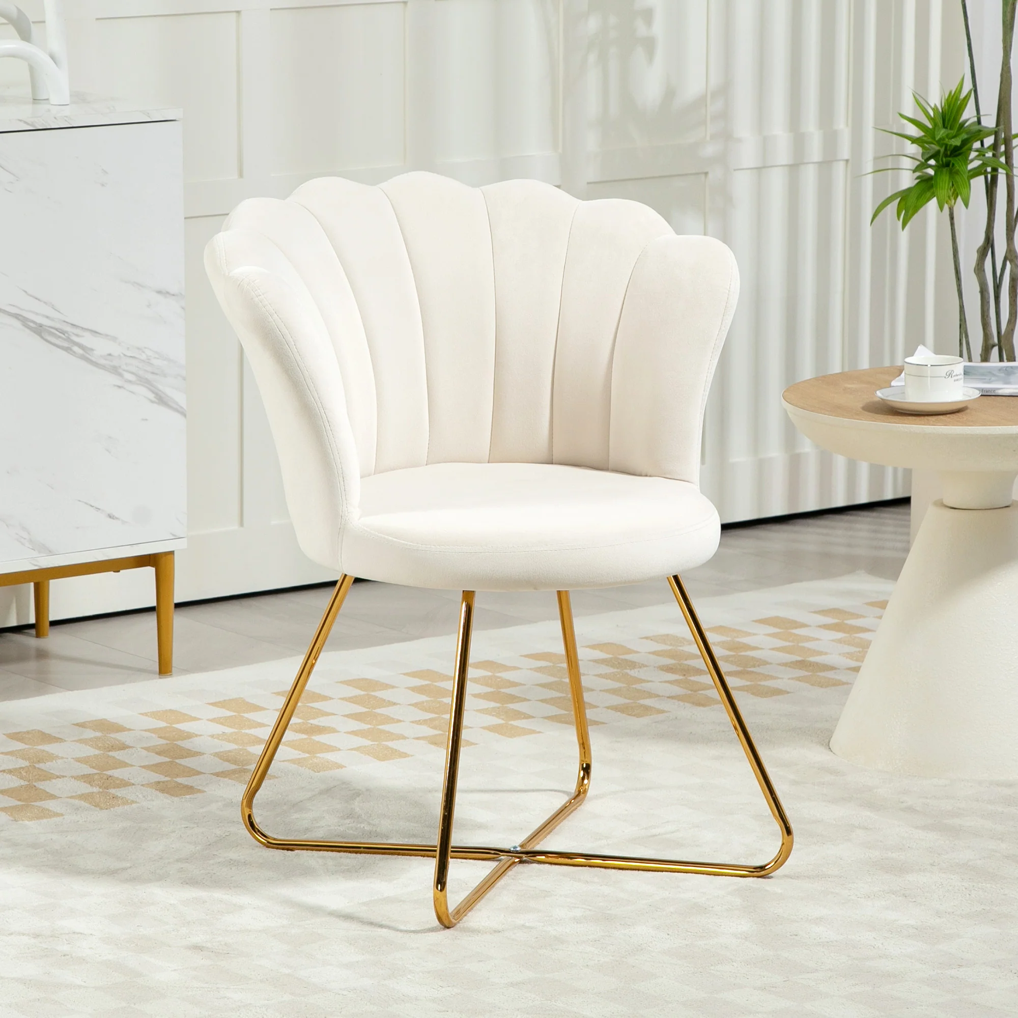 HOMCOM Accent Chair, Velvet Armchair with Lotus Backrest, Steel Legs, Cream - Image 2
