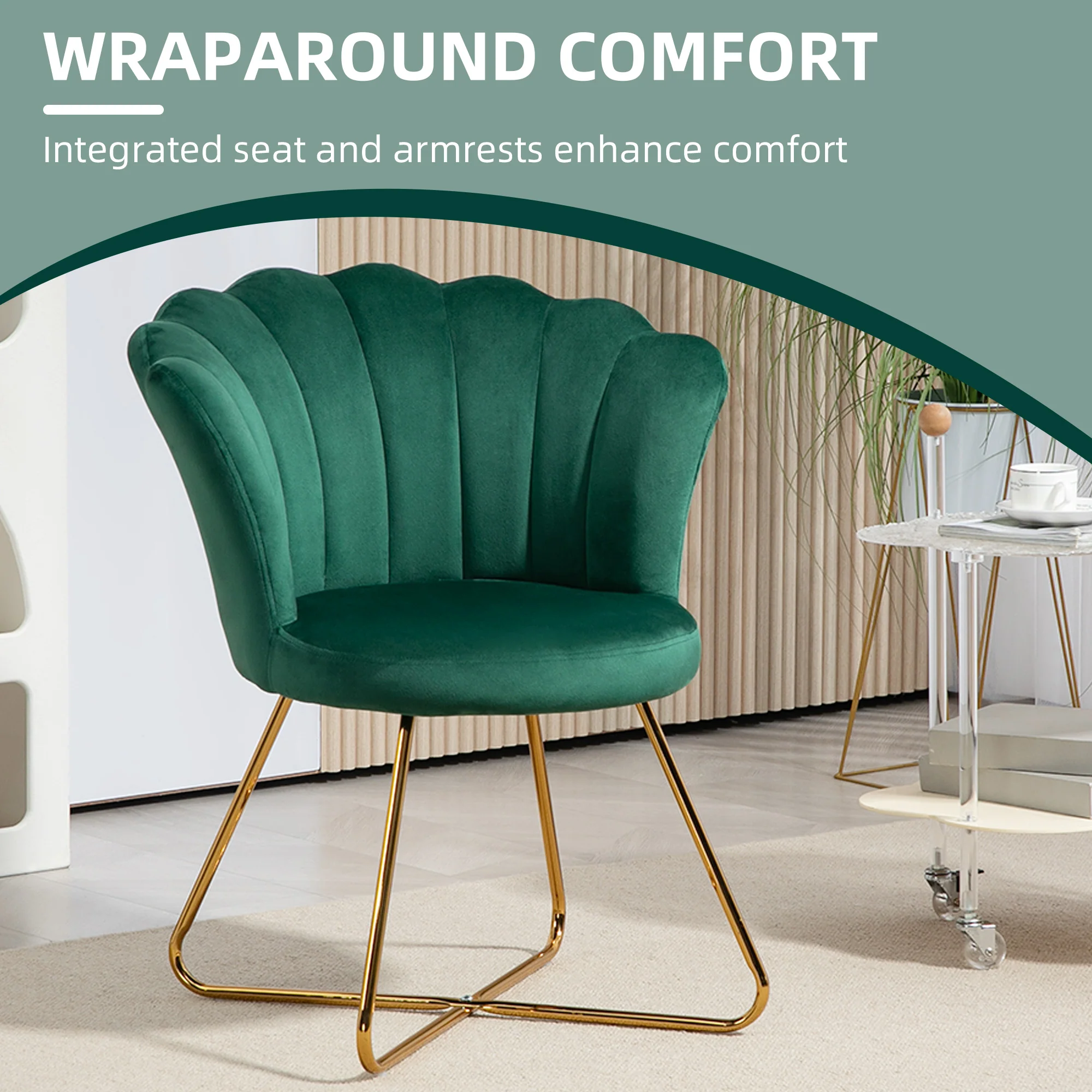 HOMCOM Accent Chair, Velvet Armchair with Lotus Backrest, Steel Legs, Green - Image 3