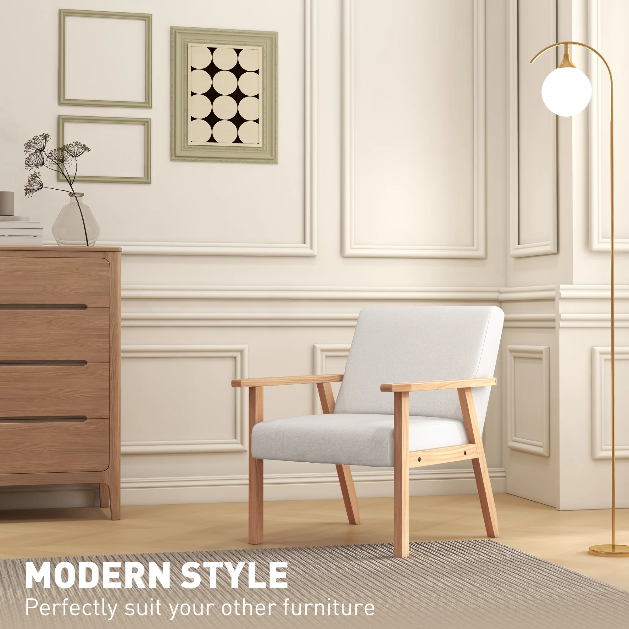 HOMCOM Accent Chair With Wood Frame Wide Seat Linen Armchair Cream White - Image 3