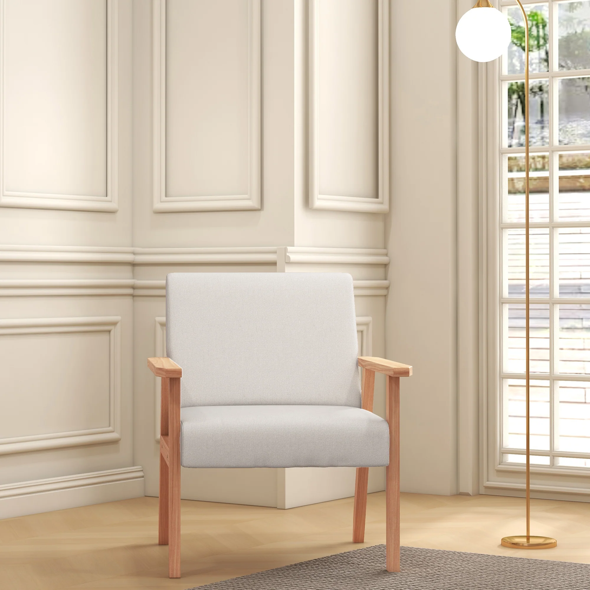 HOMCOM Accent Chair With Wood Frame Wide Seat Linen Armchair Cream White - Image 8