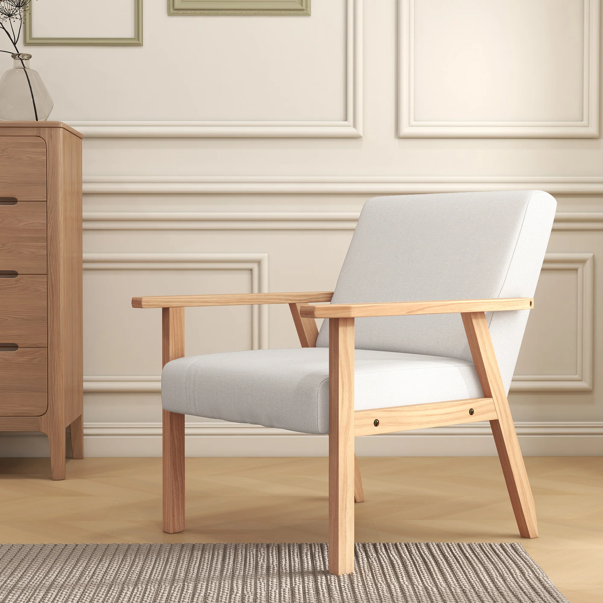 HOMCOM Accent Chair With Wood Frame Wide Seat Linen Armchair Cream White - Image 9