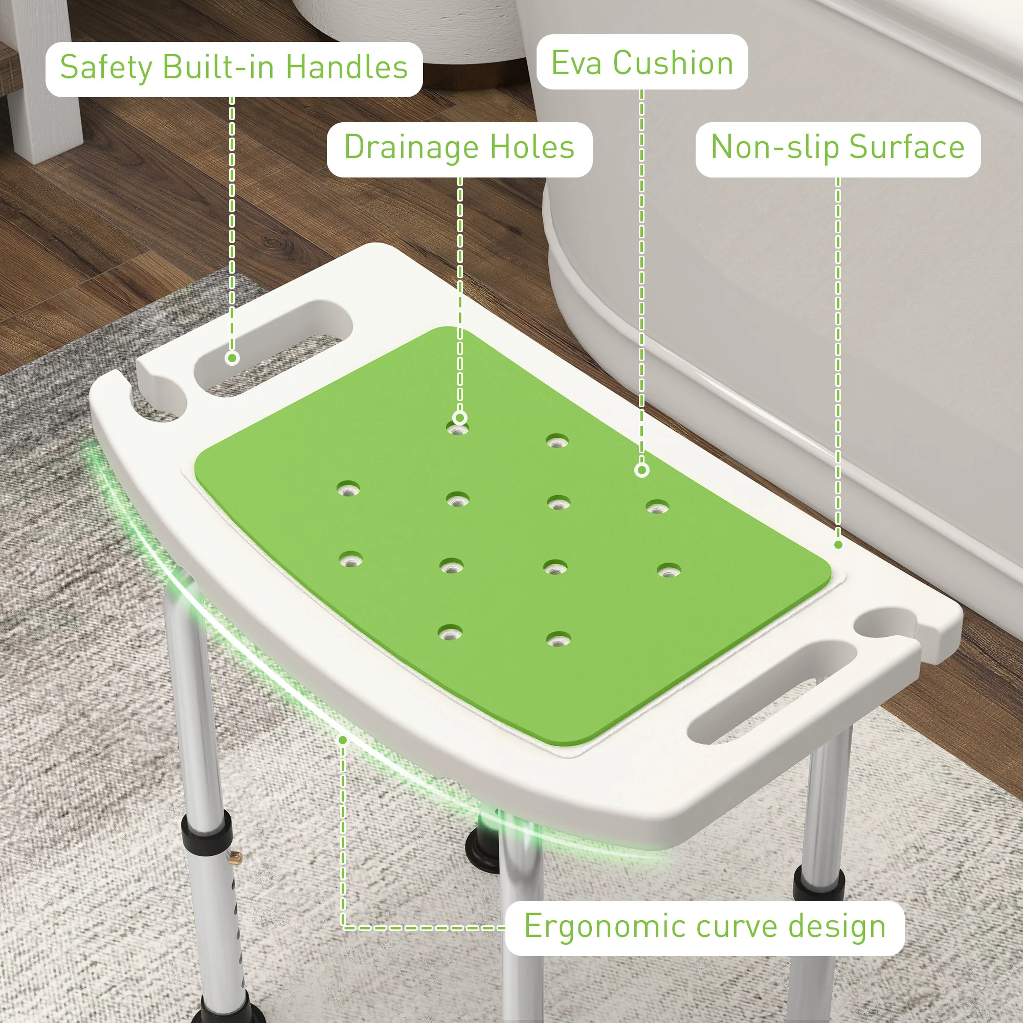 HOMCOM Adjust Aluminium Bath Stool Spa Shower Chair Non-Slip W/ Shower Hole - Image 3