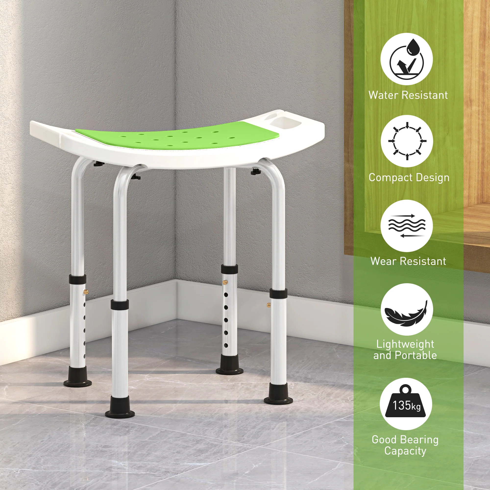 HOMCOM Adjust Aluminium Bath Stool Spa Shower Chair Non-Slip W/ Shower Hole - Image 4