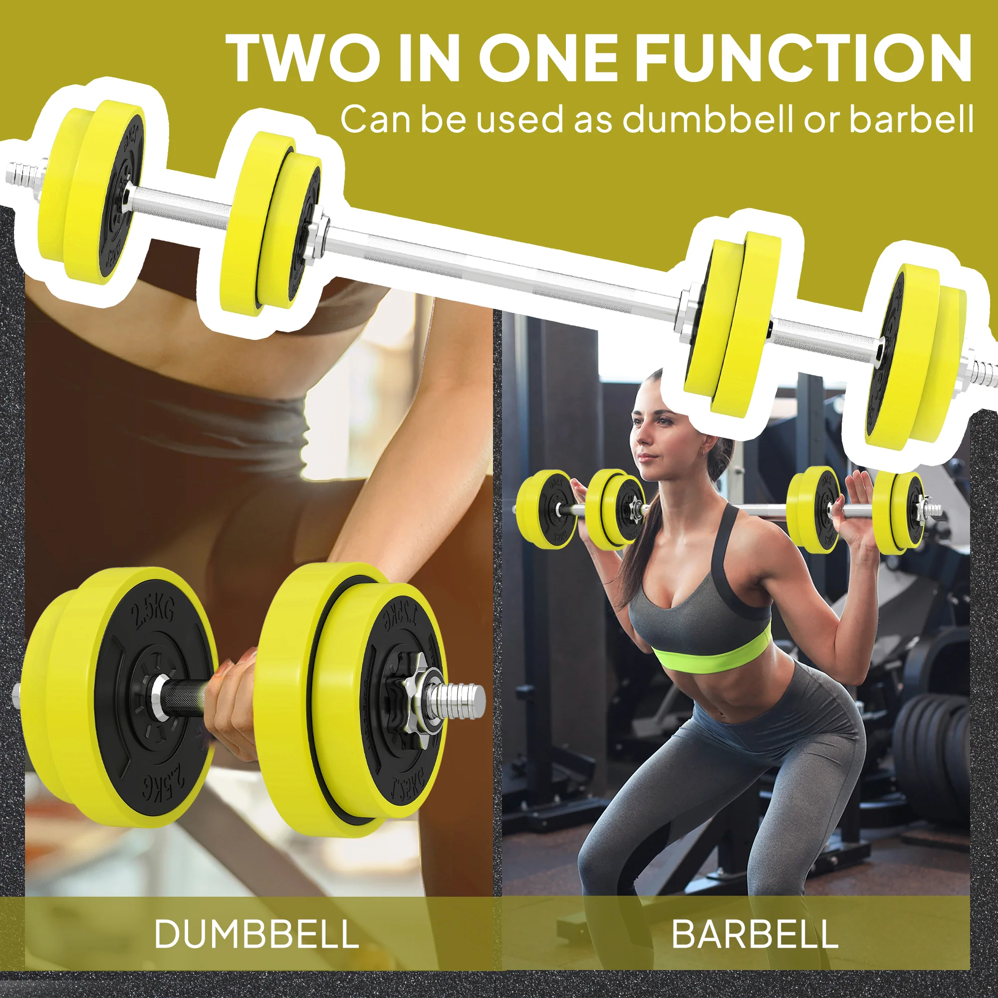 HOMCOM Adjustable 20KGS Barbell & Dumbbell Set For Home Gym, Yellow - Image 3