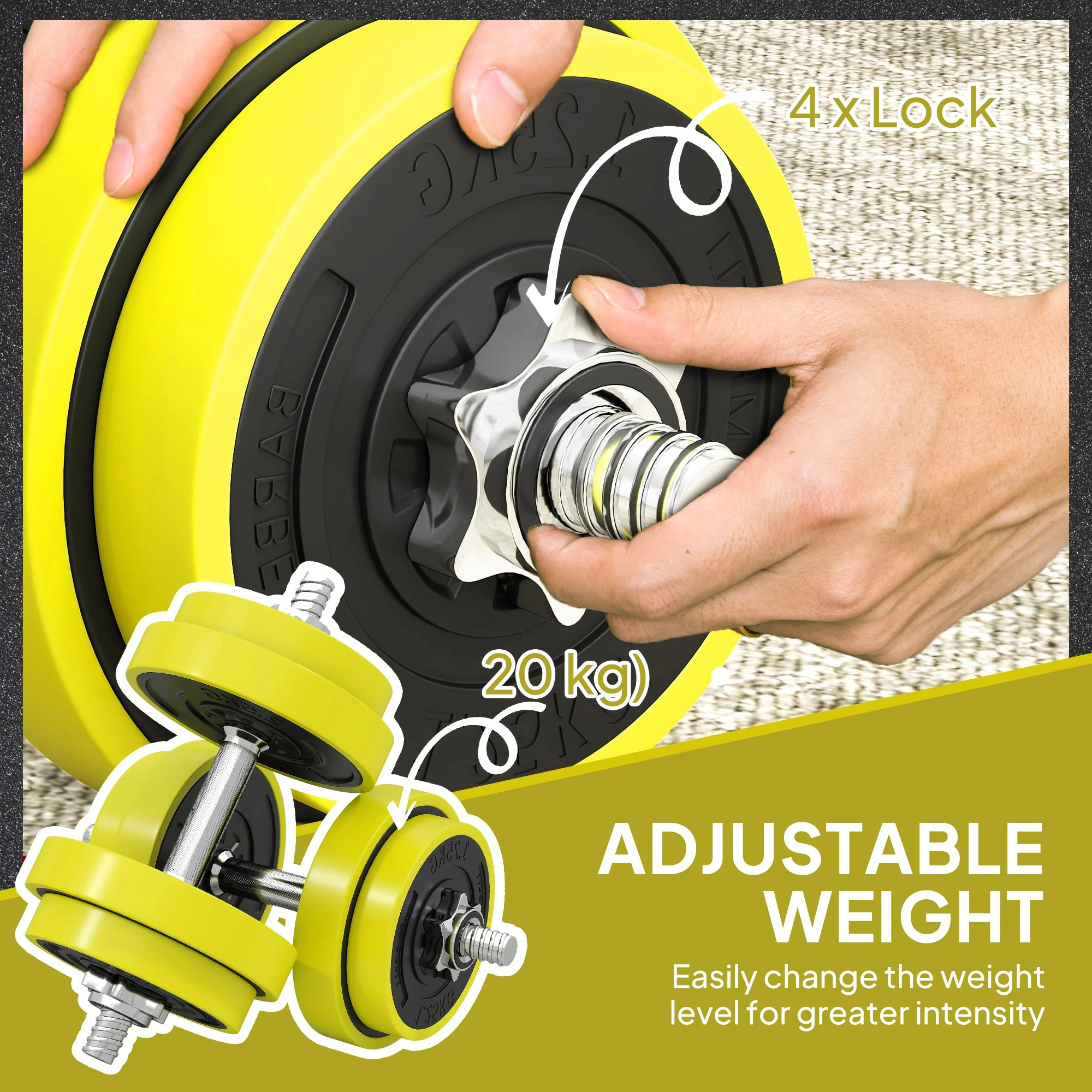 HOMCOM Adjustable 20KGS Barbell & Dumbbell Set For Home Gym, Yellow - Image 6