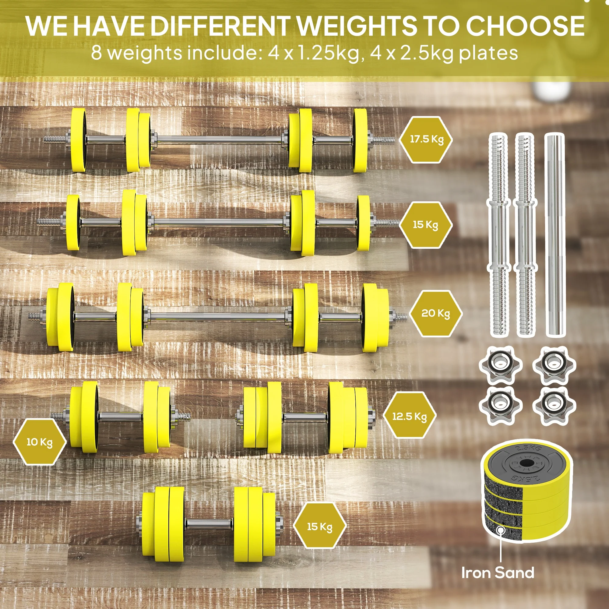 HOMCOM Adjustable 20KGS Barbell & Dumbbell Set For Home Gym, Yellow - Image 8