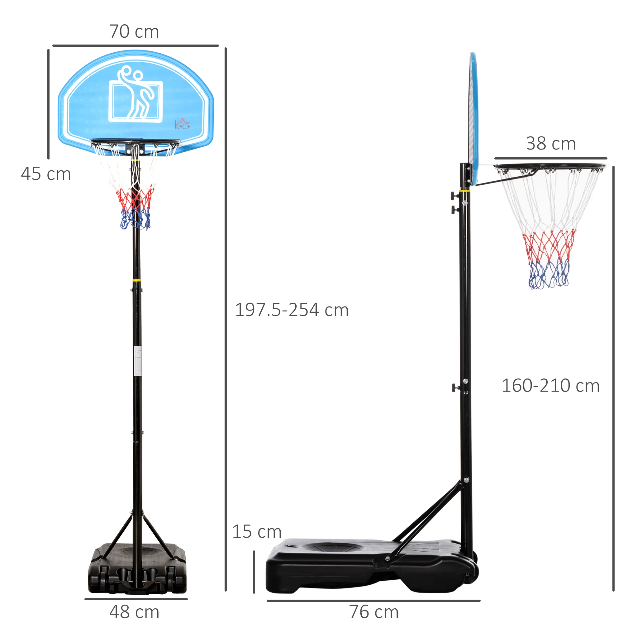 HOMCOM Adjustable Basketball Hoop Stand w/ Wheels and Weight Base Blue - Image 5