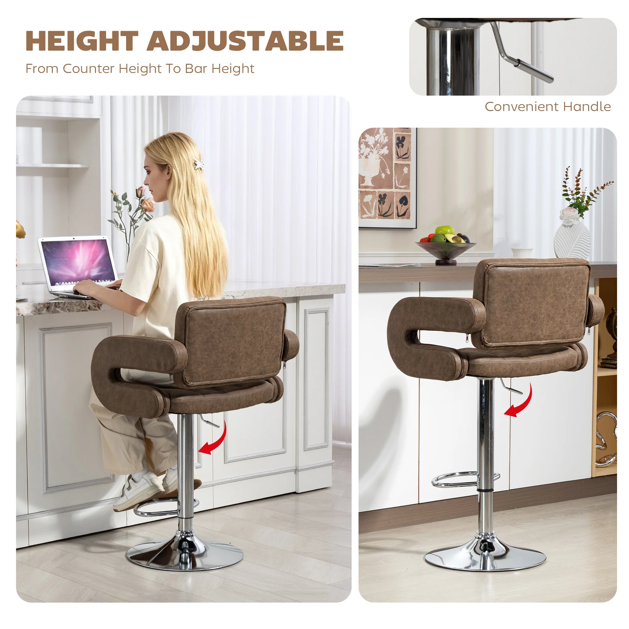 HOMCOM Adjustable Height Barstool Steel Pole PU Leather, Coffee - Image 3