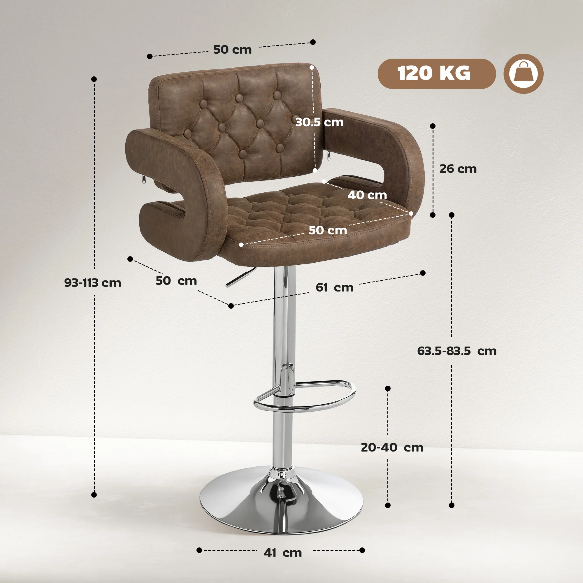 HOMCOM Adjustable Height Barstool Steel Pole PU Leather, Coffee - Image 5
