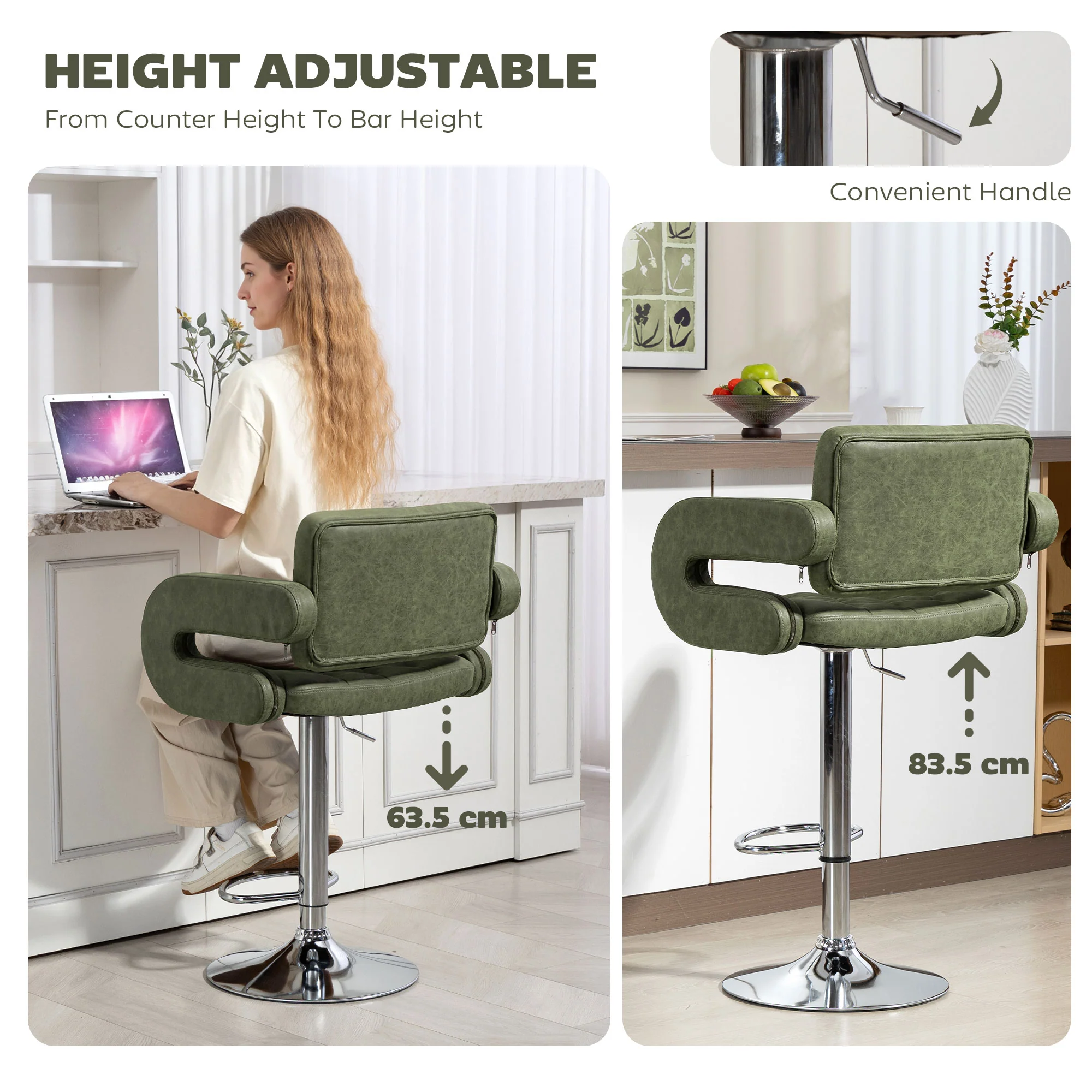 HOMCOM Adjustable Height Barstool Steel Pole PU Leather, Green - Image 3