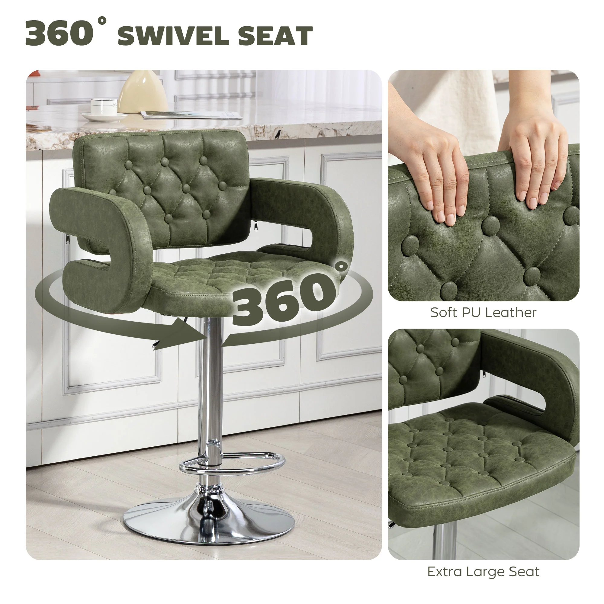 HOMCOM Adjustable Height Barstool Steel Pole PU Leather, Green - Image 4