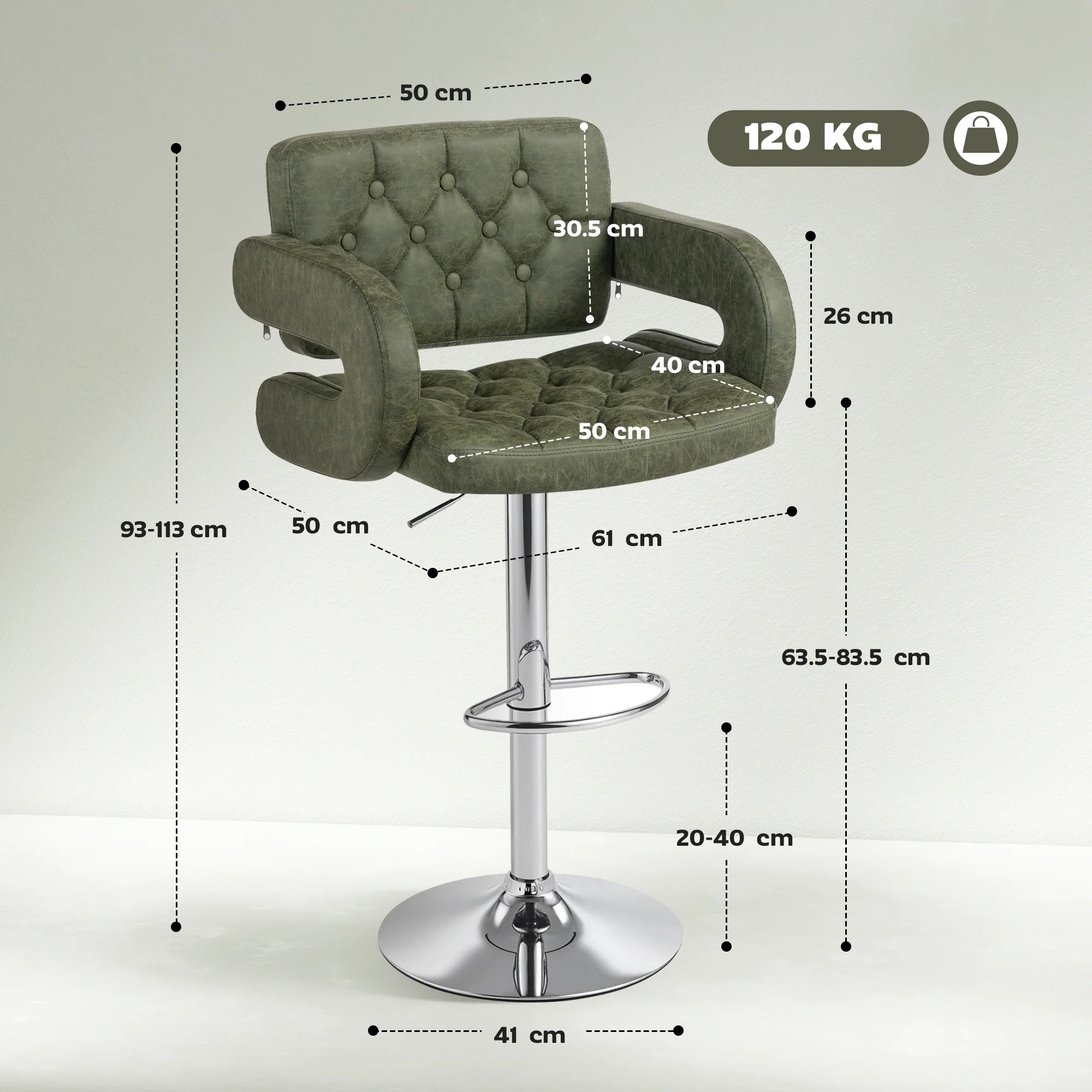 HOMCOM Adjustable Height Barstool Steel Pole PU Leather, Green - Image 5