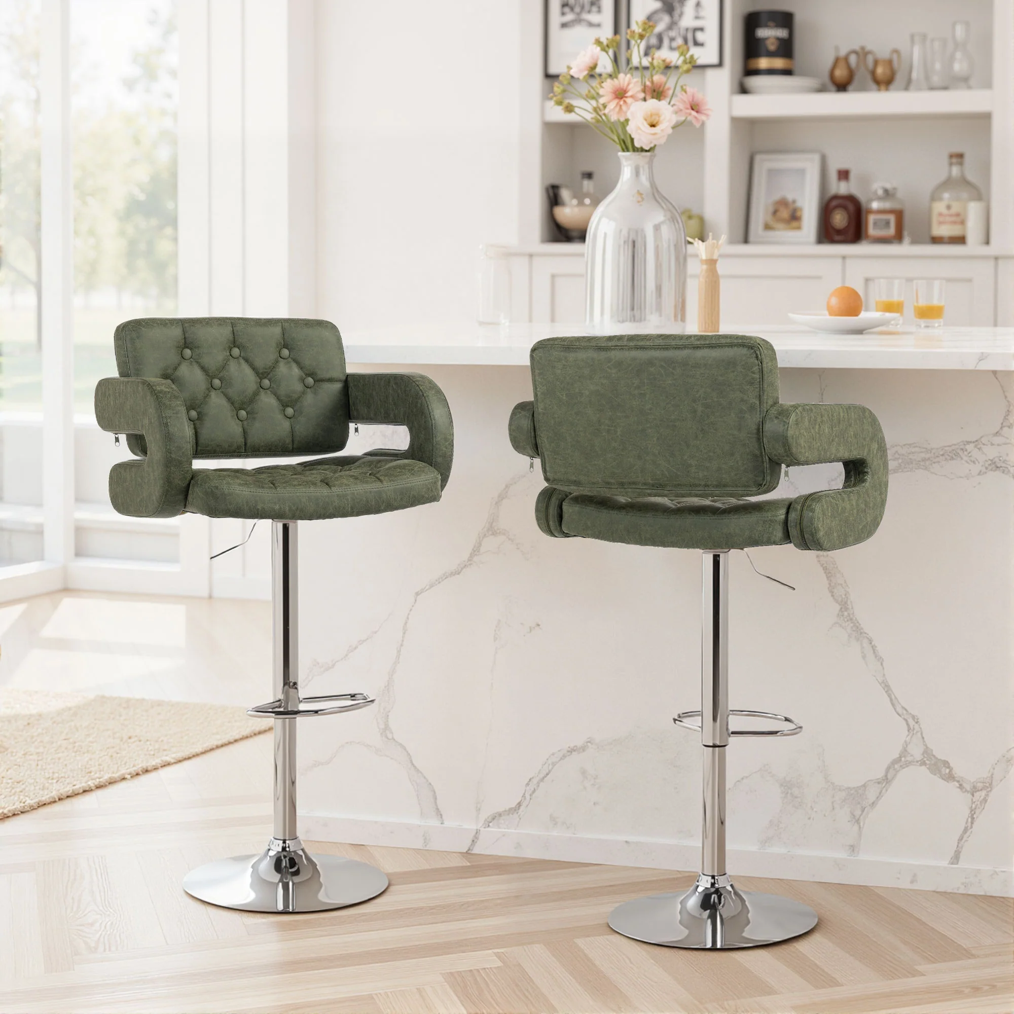 HOMCOM Adjustable Height Barstool Steel Pole PU Leather, Green - Image 9