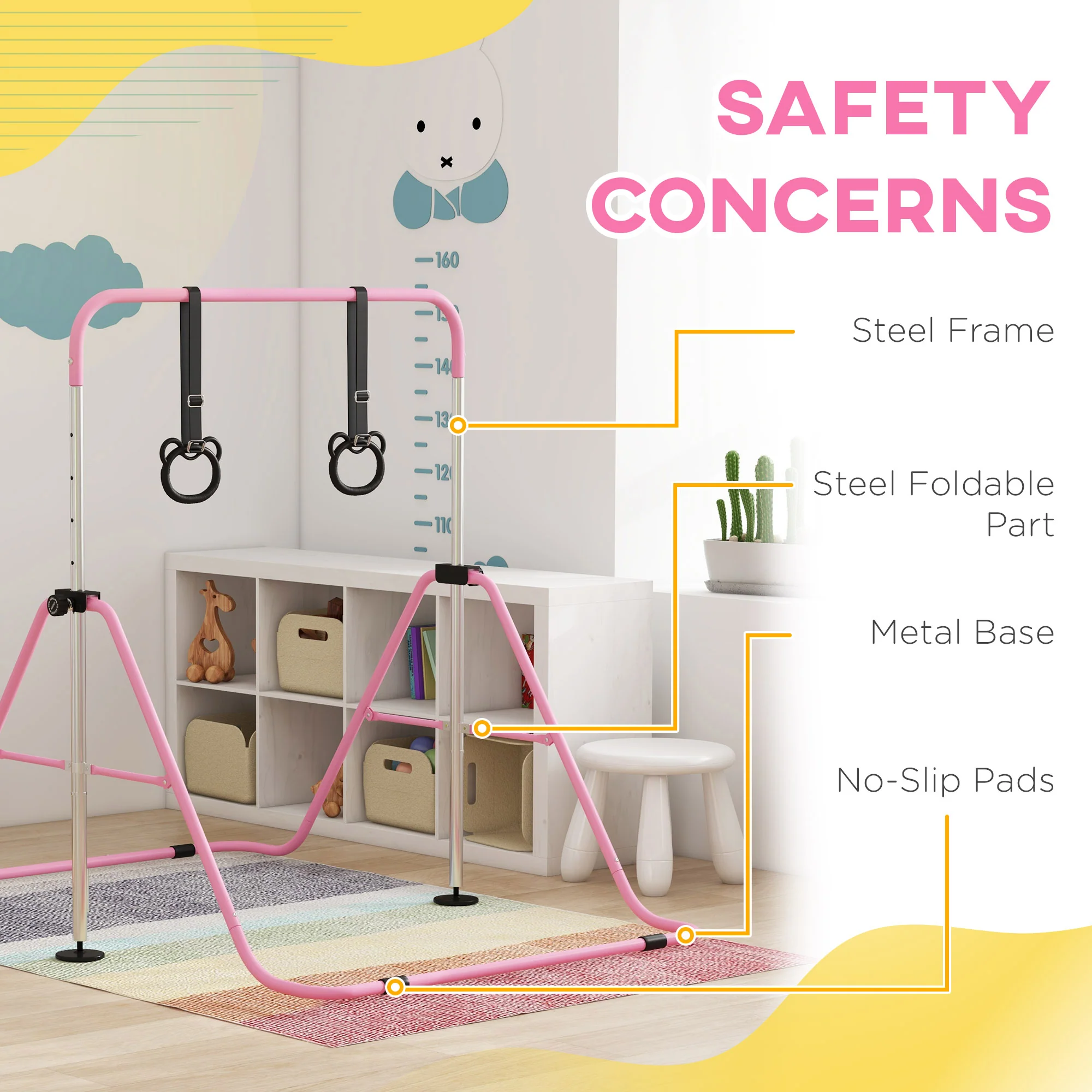 HOMCOM Adjustable Height Foldable Kids Gymnastics Bar With Non-Slip Mats, Pink - Image 4