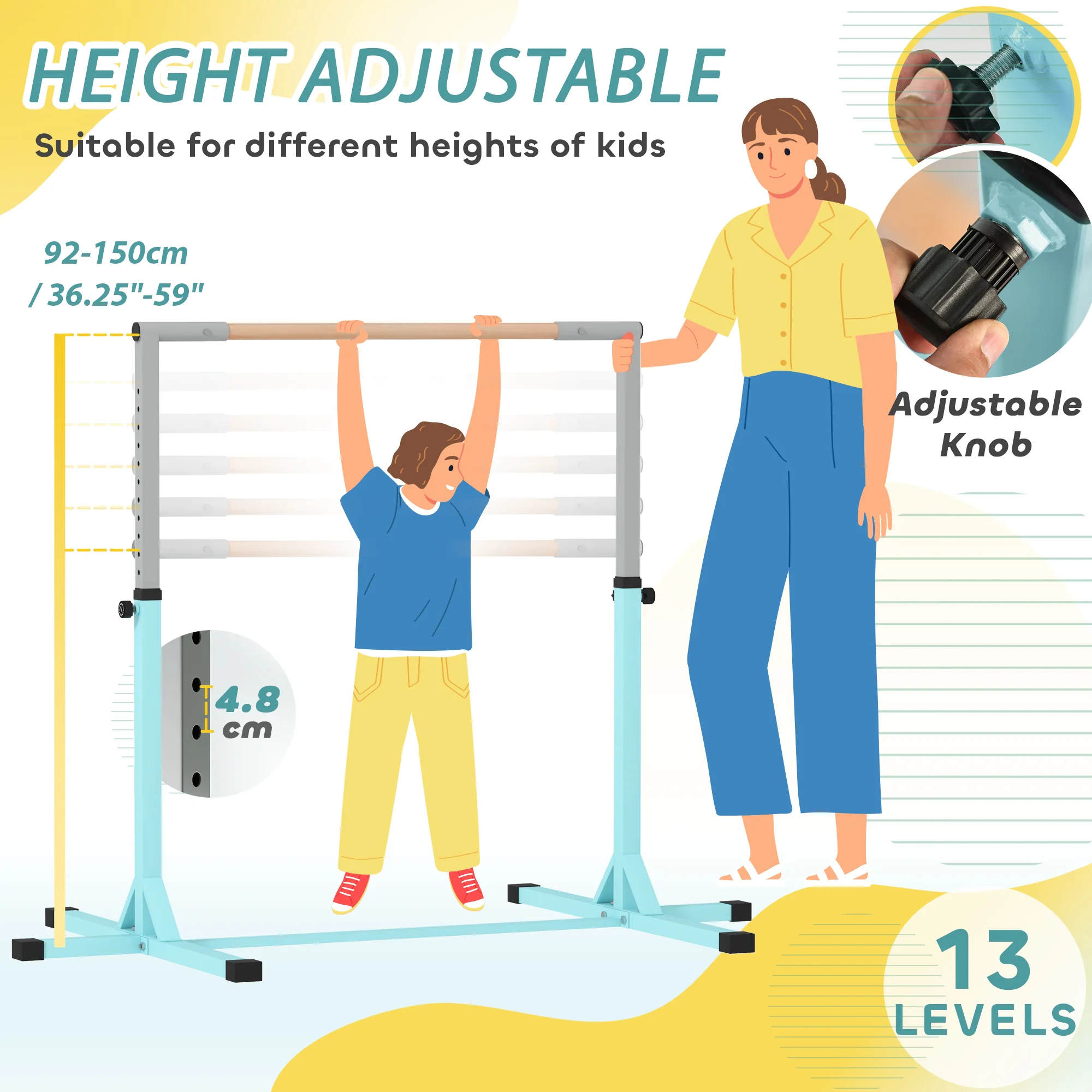 HOMCOM Adjustable Kids Gymnastics Bar Horizontal Training Steel, Light Blue - Image 3