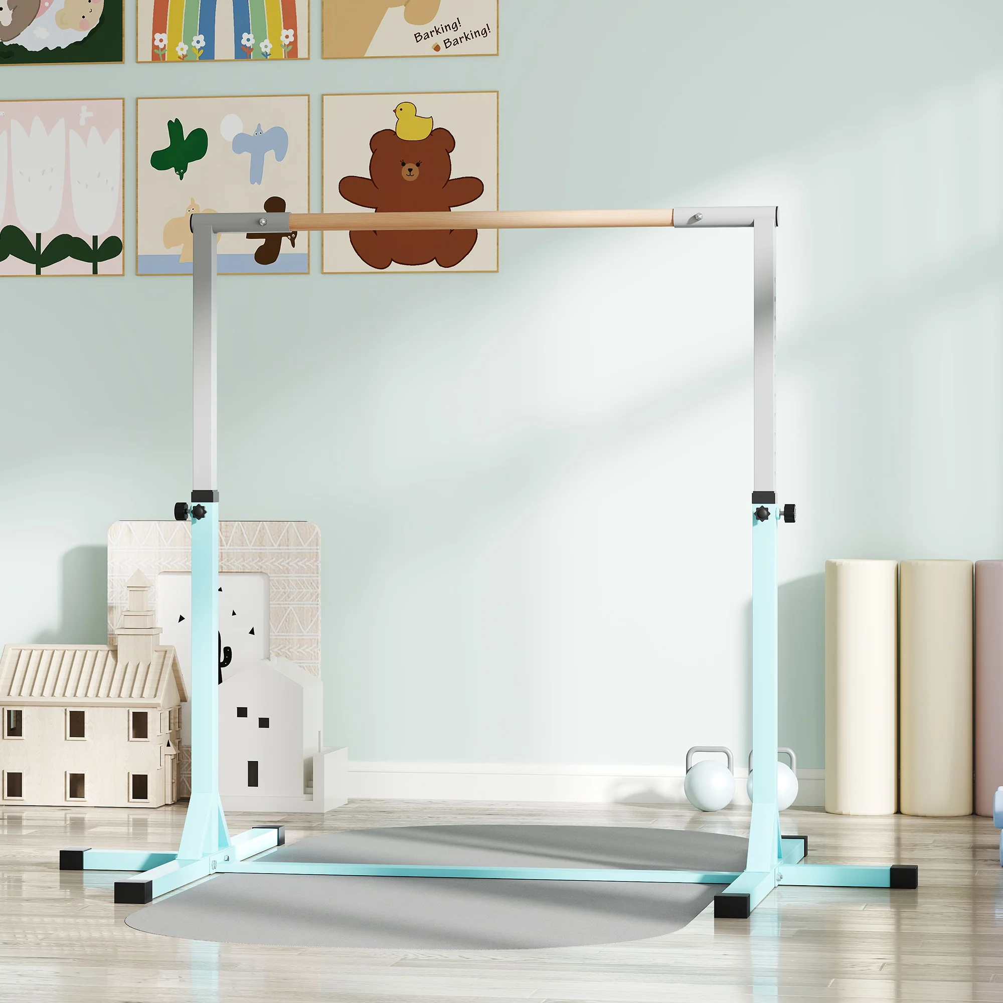 HOMCOM Adjustable Kids Gymnastics Bar Horizontal Training Steel, Light Blue - Image 9