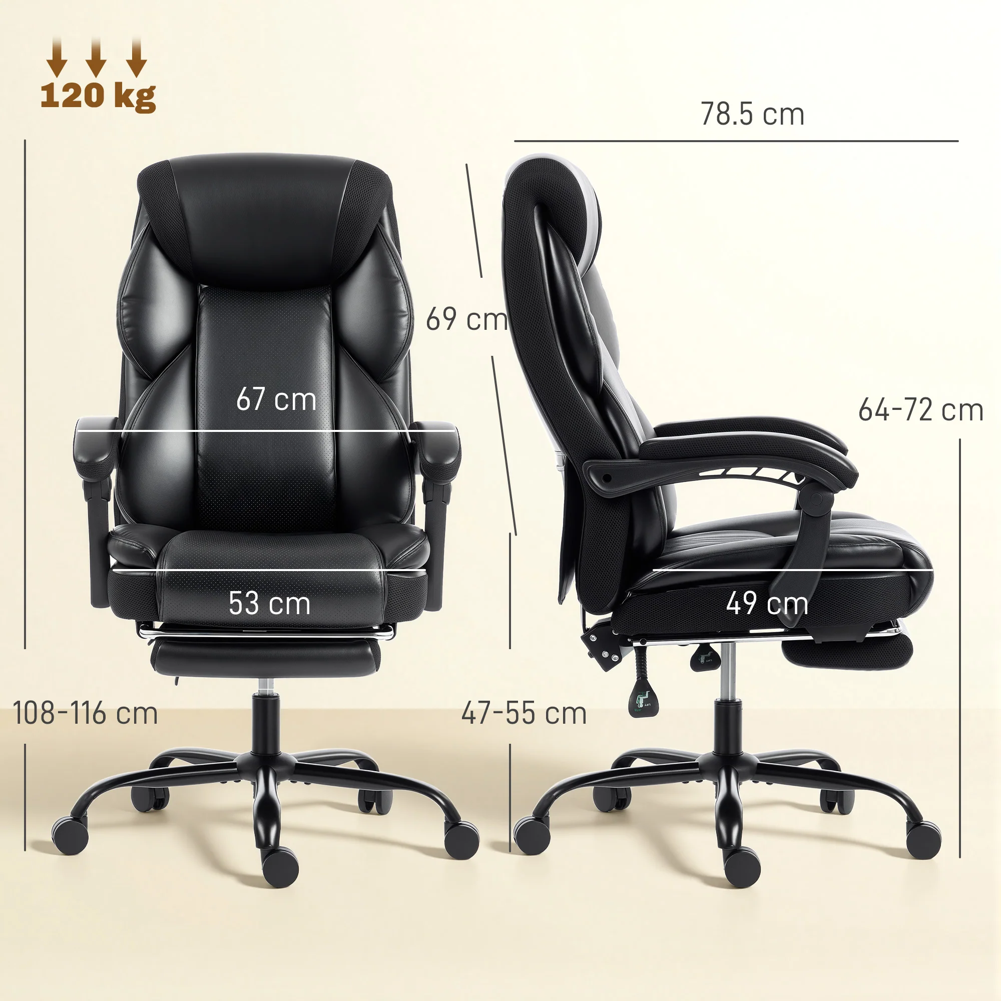 HOMCOM Adjustable Office Chair With Footrest, Armrest, Casters, Black - Image 3