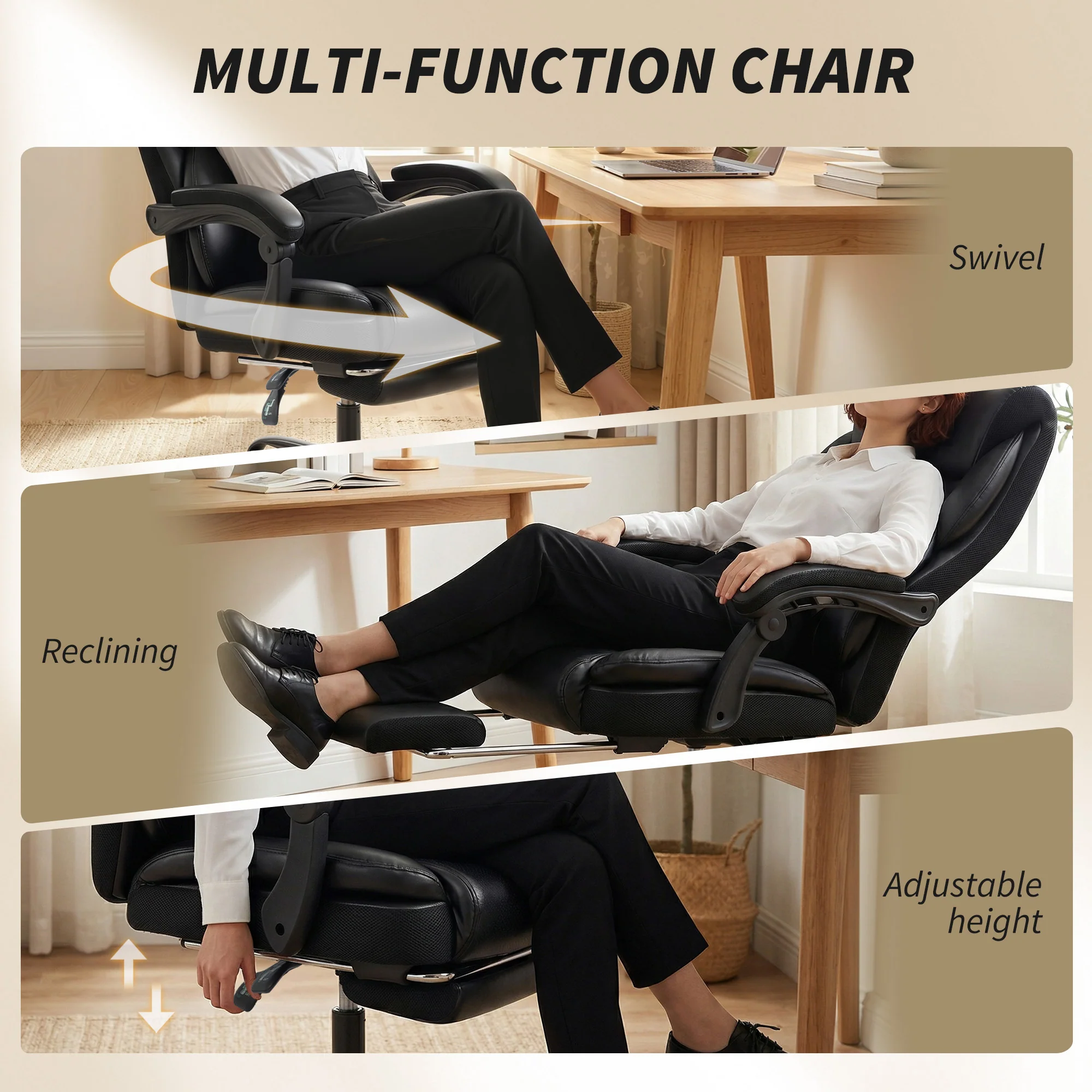 HOMCOM Adjustable Office Chair With Footrest, Armrest, Casters, Black - Image 6