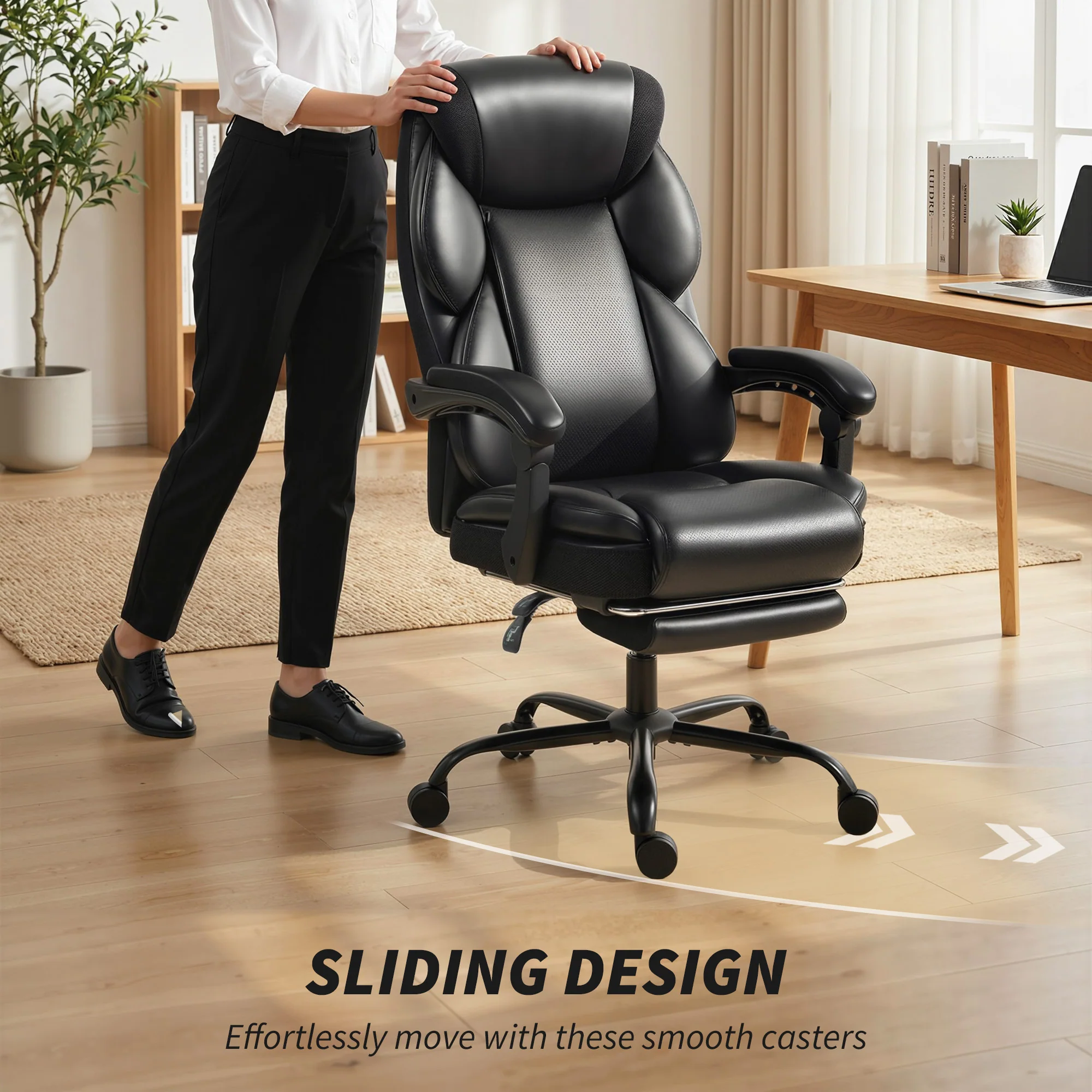 HOMCOM Adjustable Office Chair With Footrest, Armrest, Casters, Black - Image 7