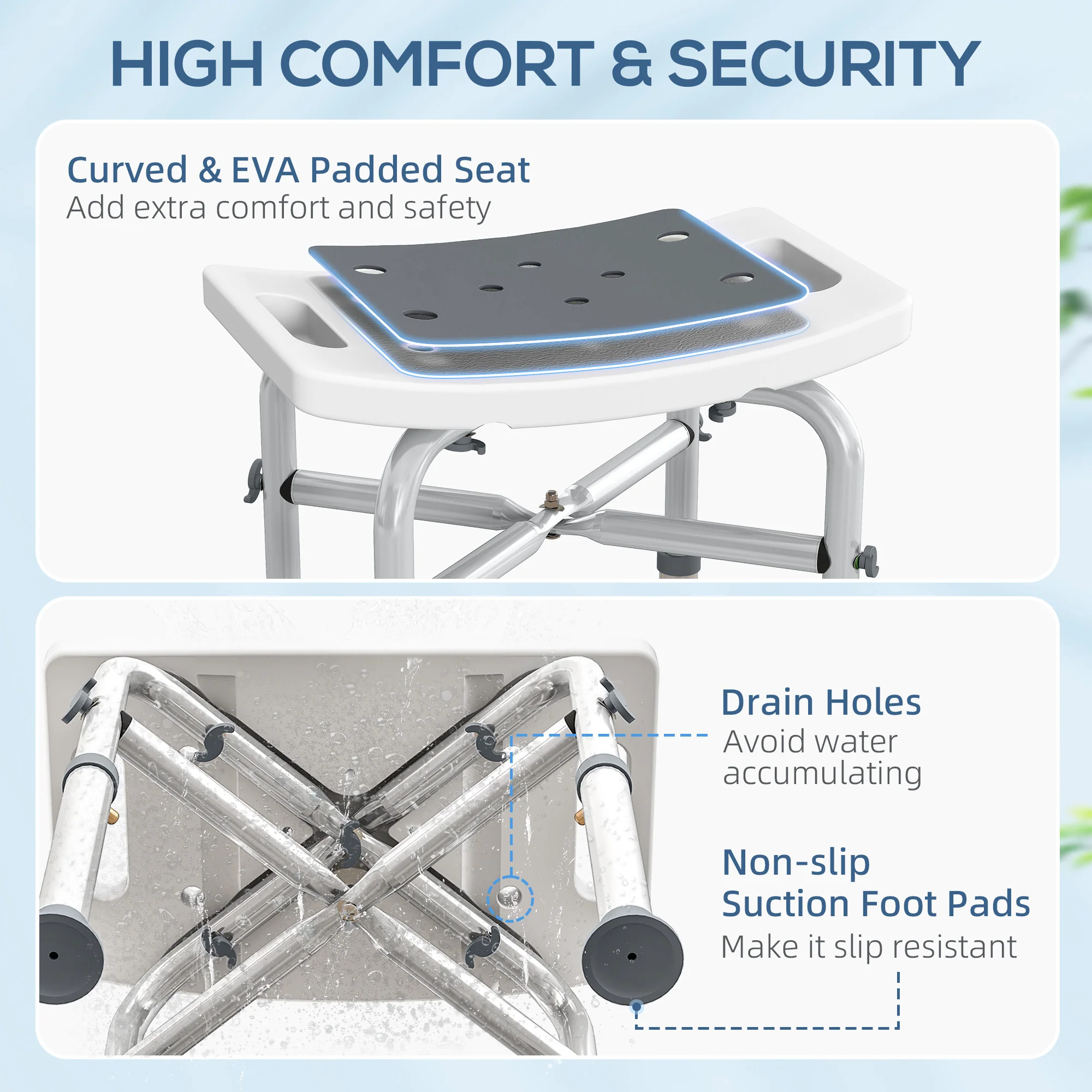 HOMCOM Adjustable Shower Stool With Foot Pads For Elderly Disabled Grey - Image 4