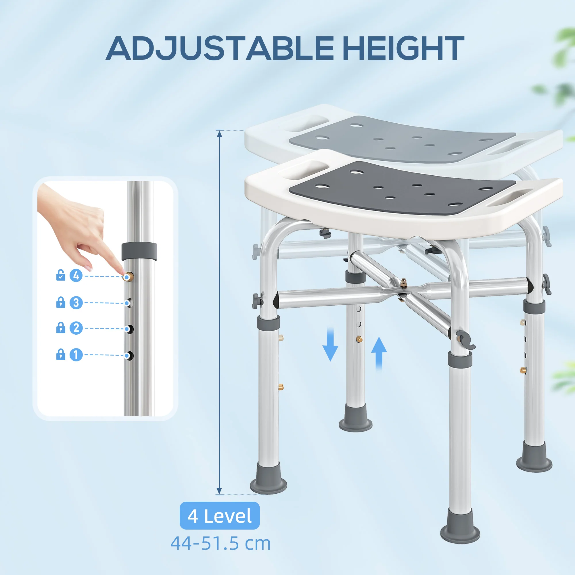 HOMCOM Adjustable Shower Stool With Foot Pads For Elderly Disabled Grey - Image 6