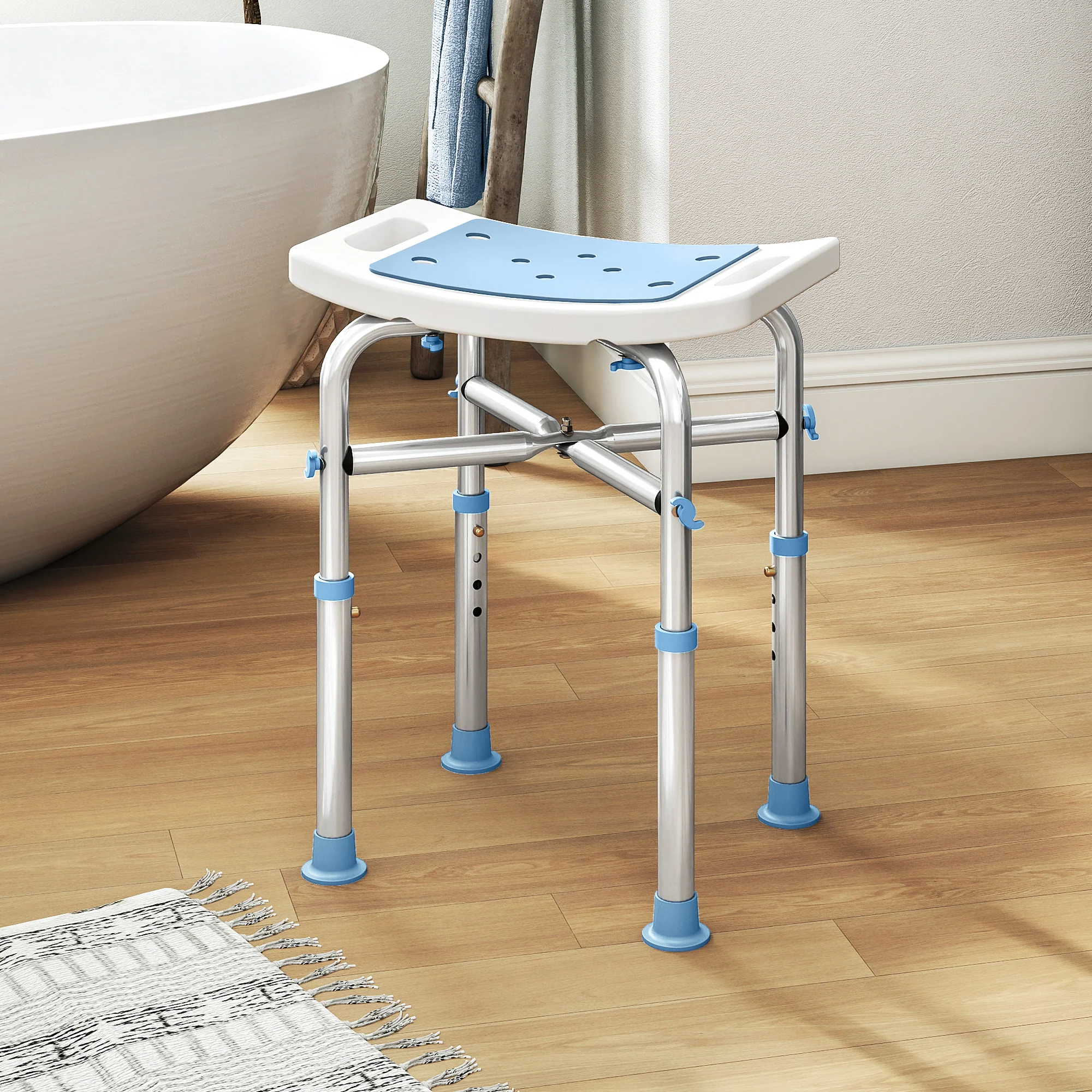 HOMCOM Adjustable Shower Stool With Foot Pads For Elderly, Light Blue - Image 2