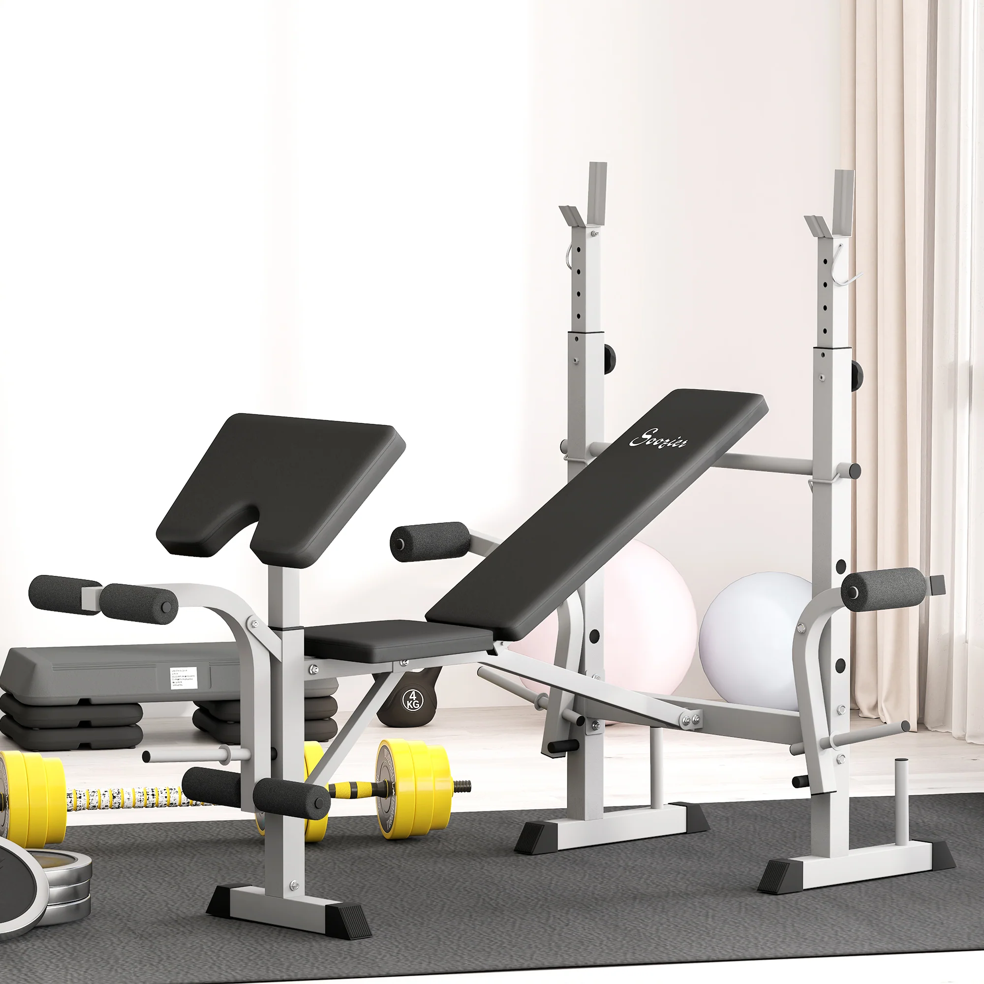 HOMCOM Adjustable Weight Bench With Squat Rack, Leg Developer, Grey - Image 2
