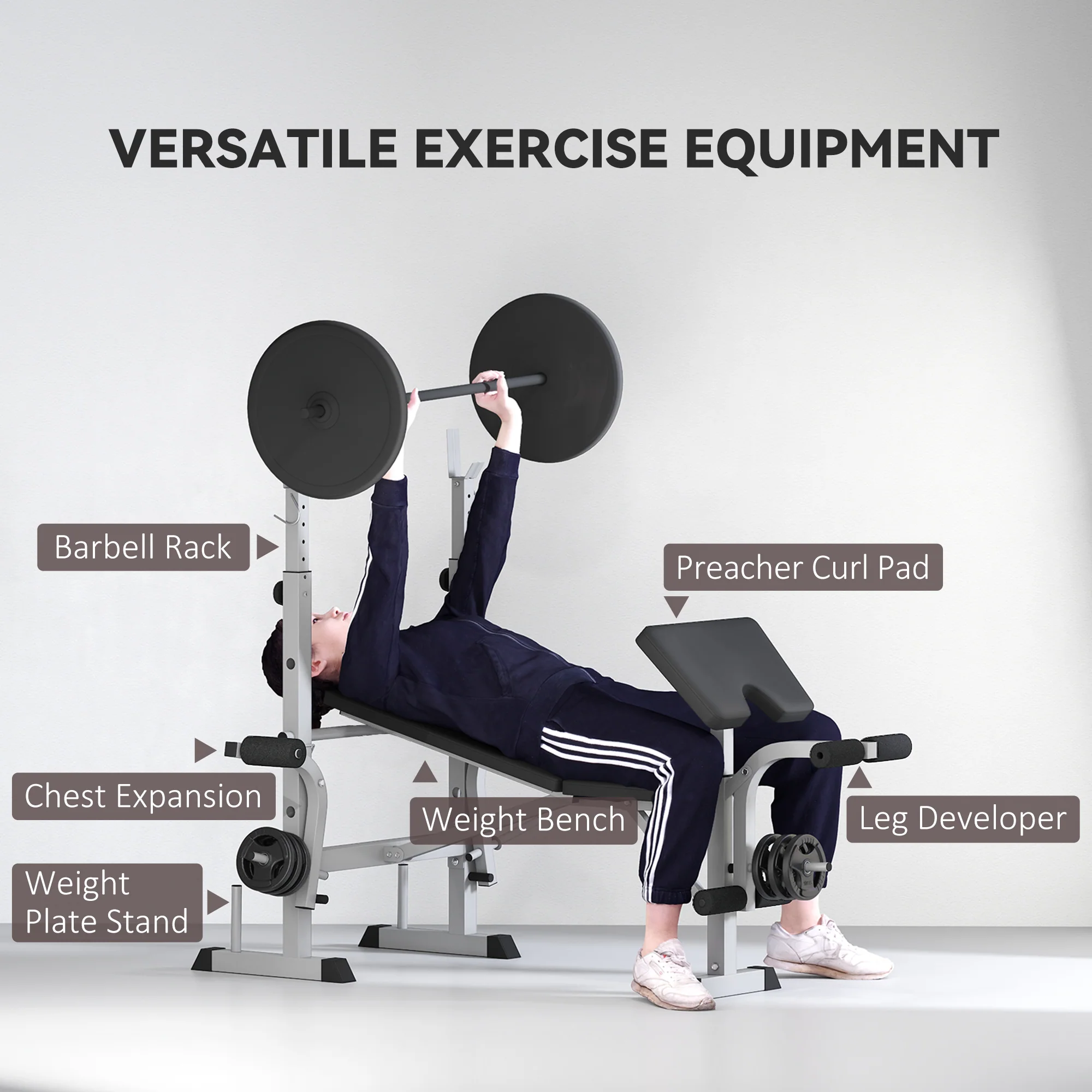HOMCOM Adjustable Weight Bench With Squat Rack, Leg Developer, Grey - Image 3