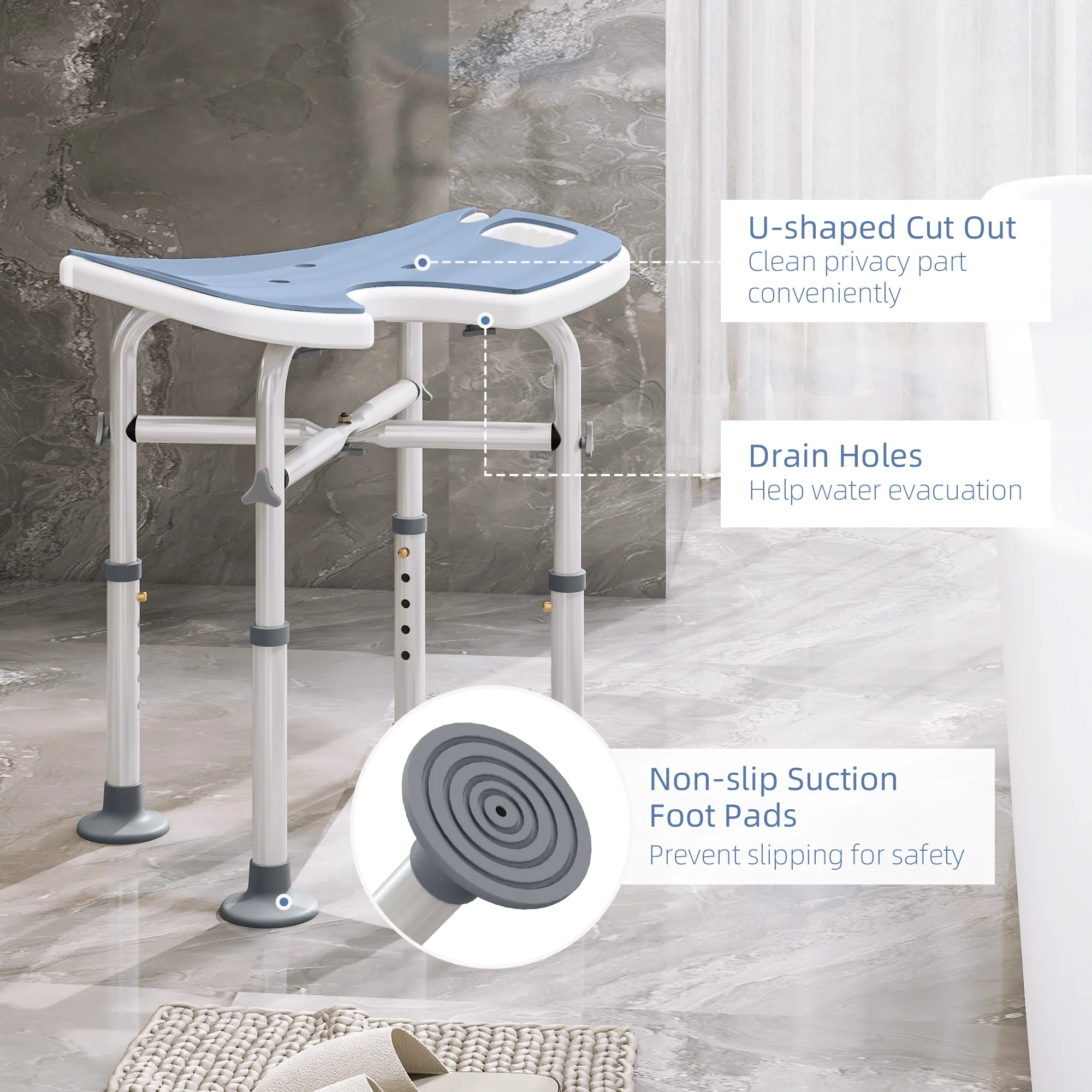 HOMCOM Aluminium Shower Stool For Elderly Disabled Non-Slip Bath Stool Blue - Image 3