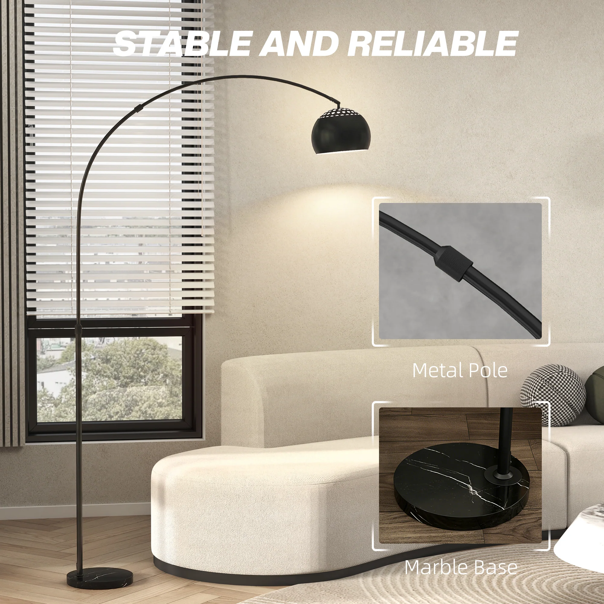 HOMCOM Arc Floor Lamp For Living Room, Free Standing Tall Lamp, Black - Image 6