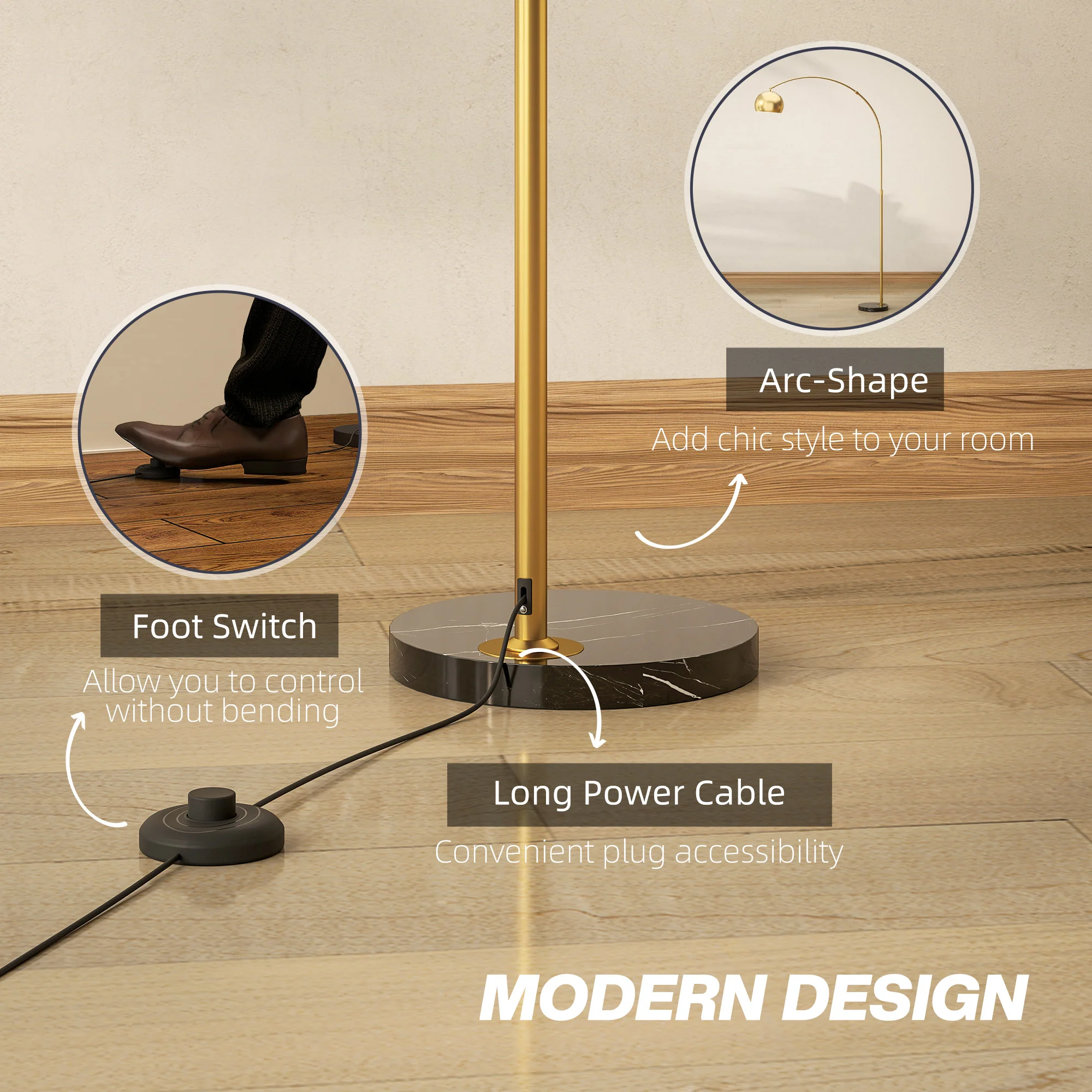 HOMCOM Arc Floor Lamp For Living Room, Free Standing Tall Lamp, Gold Tone - Image 3