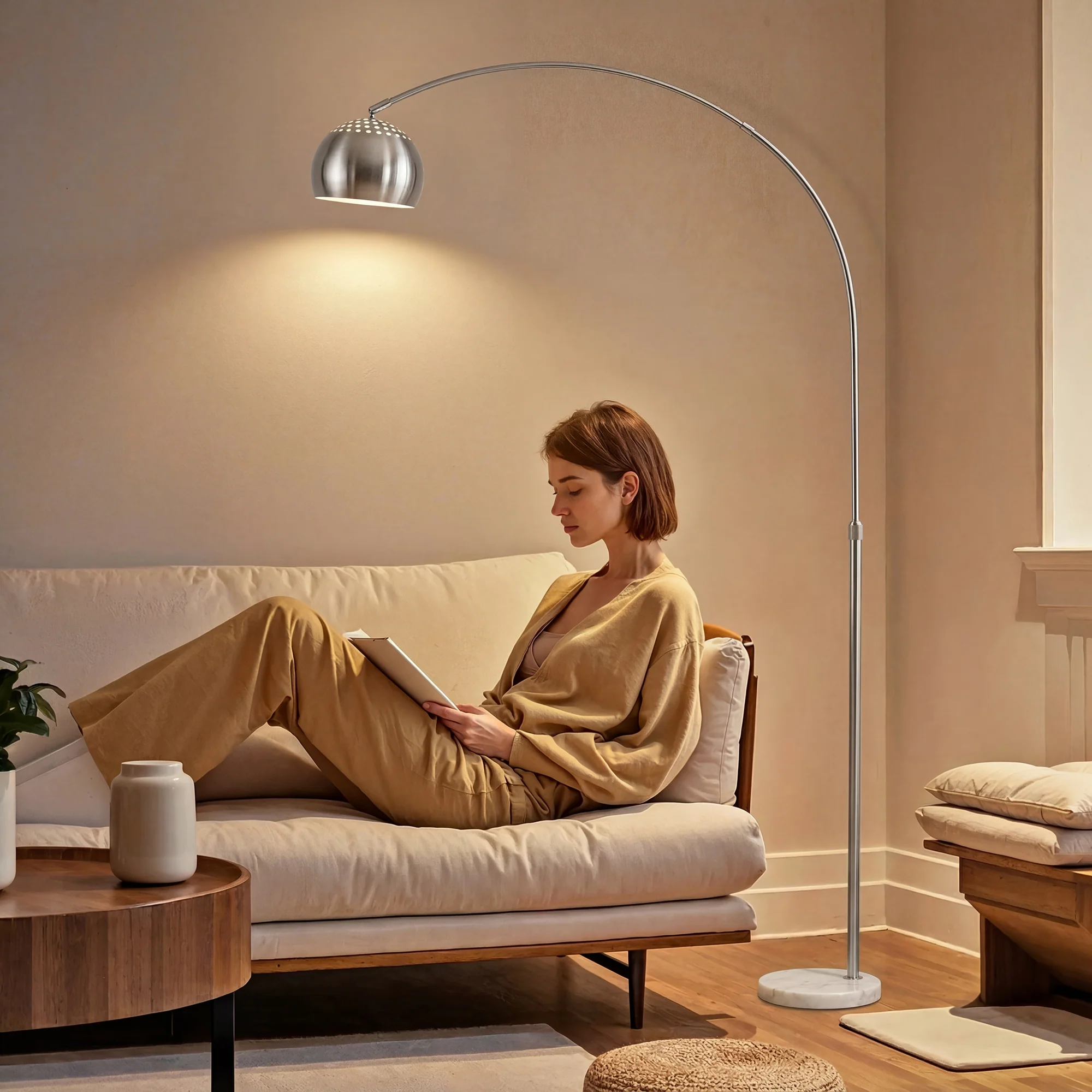 HOMCOM Arc Floor Lamp For Living Room, Free Standing Tall Lamp, Silver Tone - Image 2