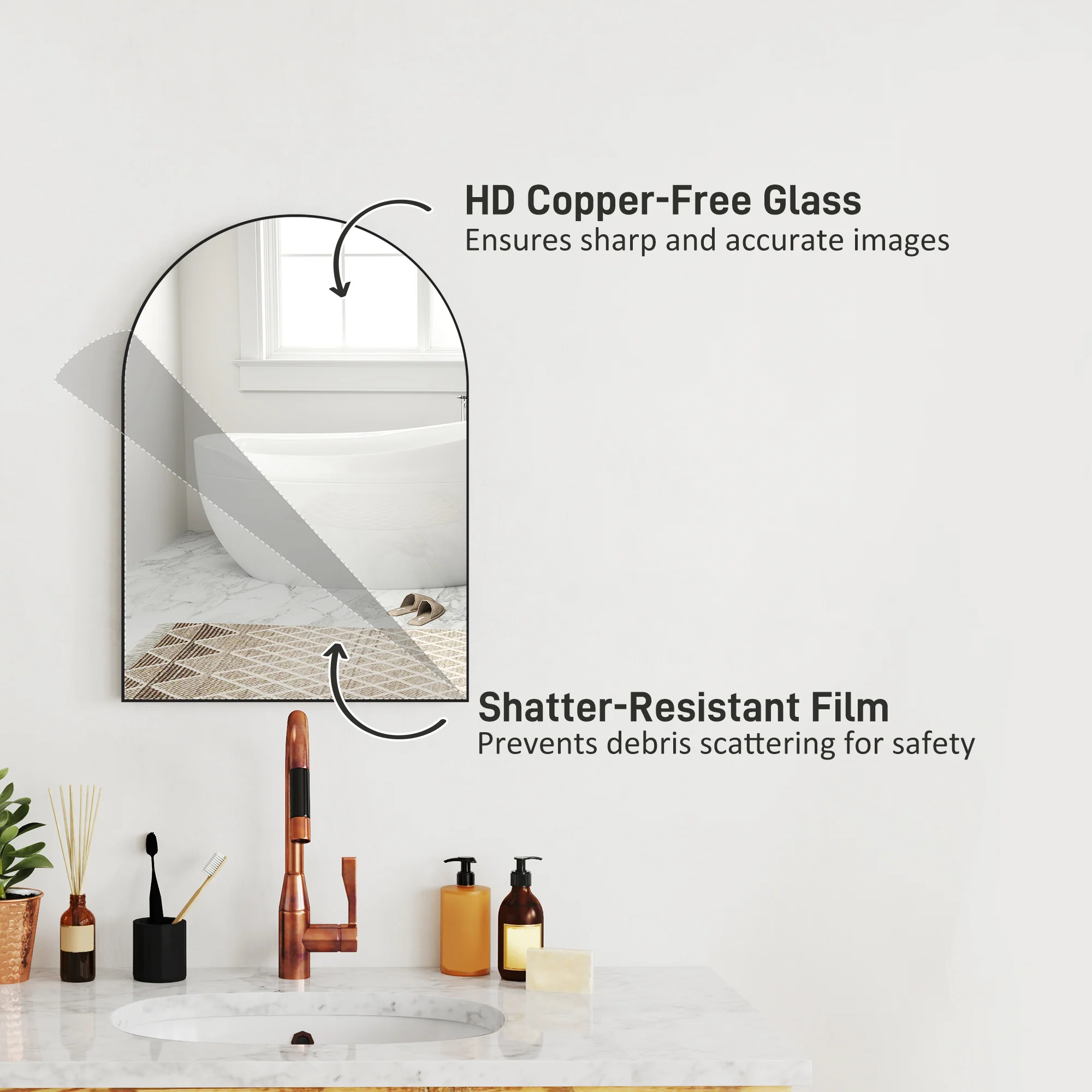 HOMCOM Arch Bathroom Mirror, Modern Wall Mirror with Steel Frame, Black - Image 4